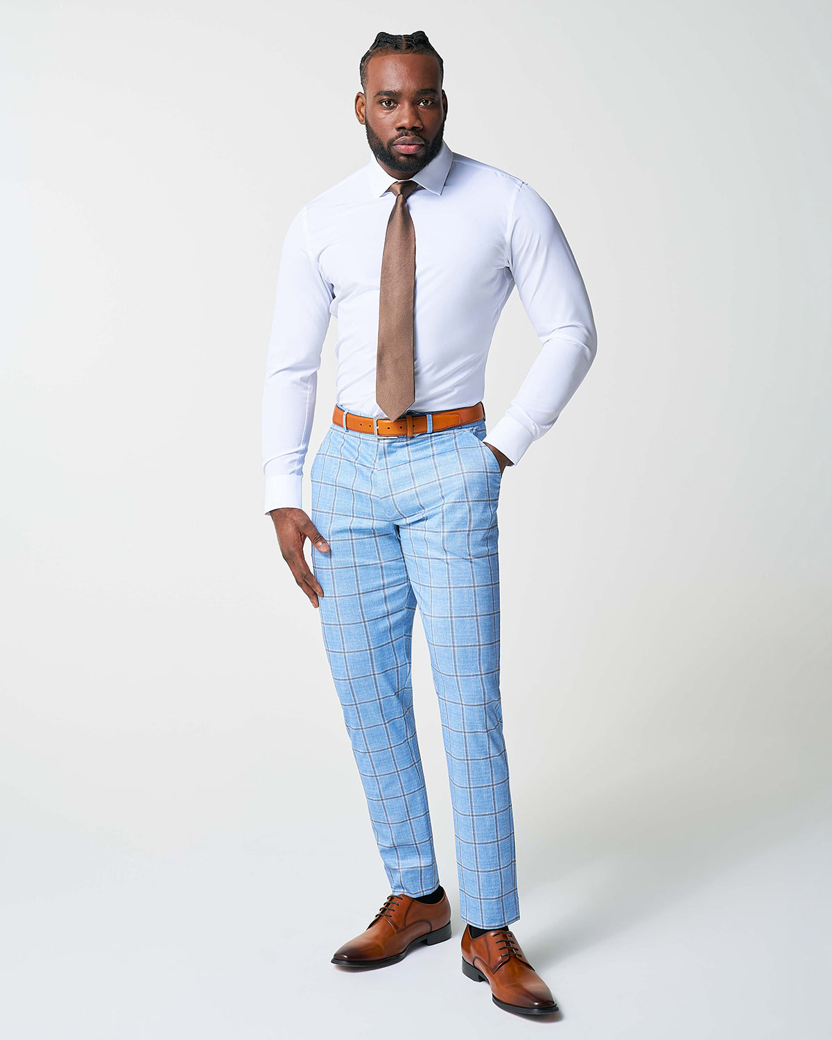 Athletic Fit Stretch Suit - Light Blue and Brown Big Windowpane