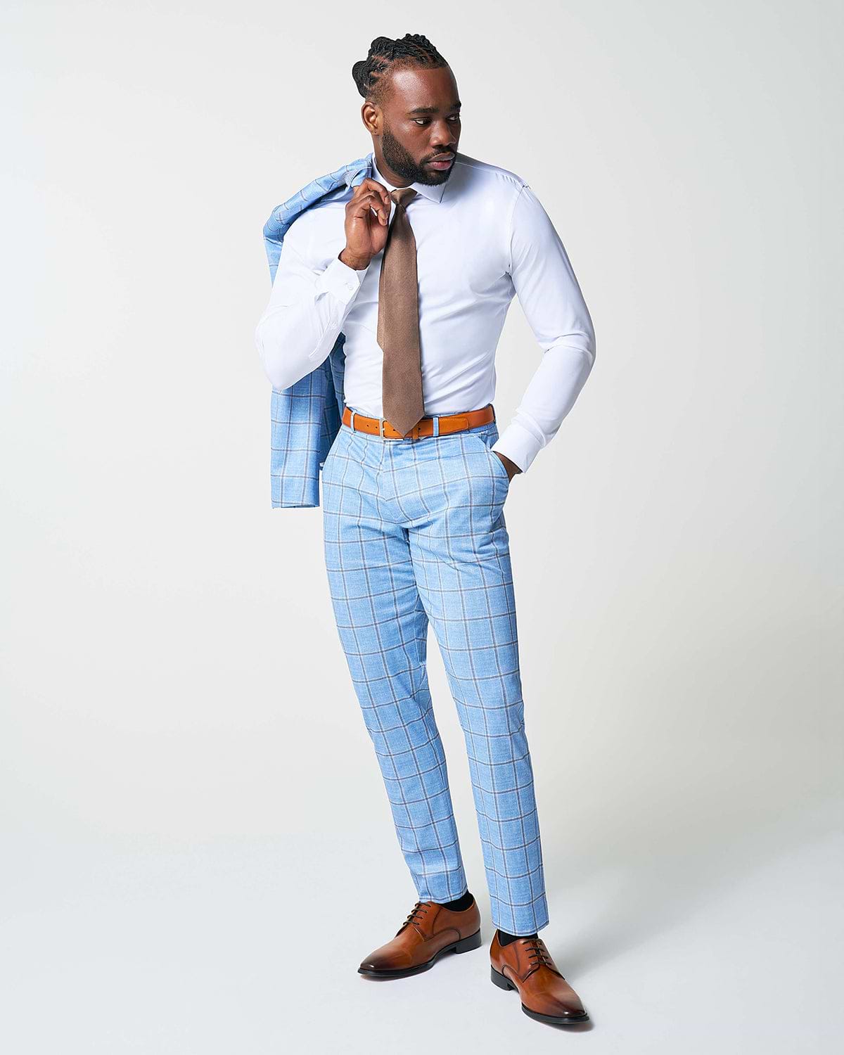 Athletic Fit Stretch Suit - Light Blue and Brown Big Windowpane