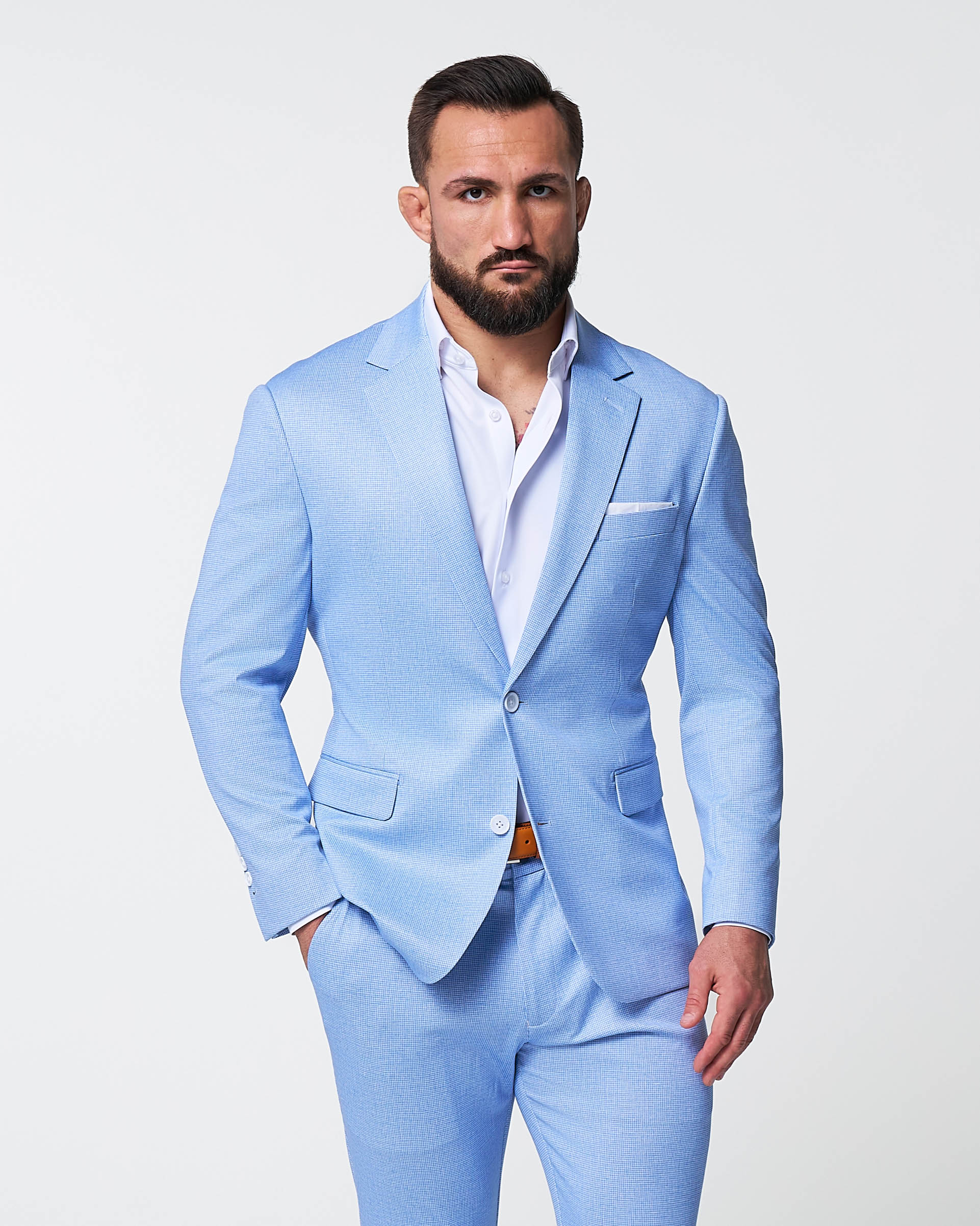 Athletic Fit Stretch Suit - Light Blue Mini Houndstooth