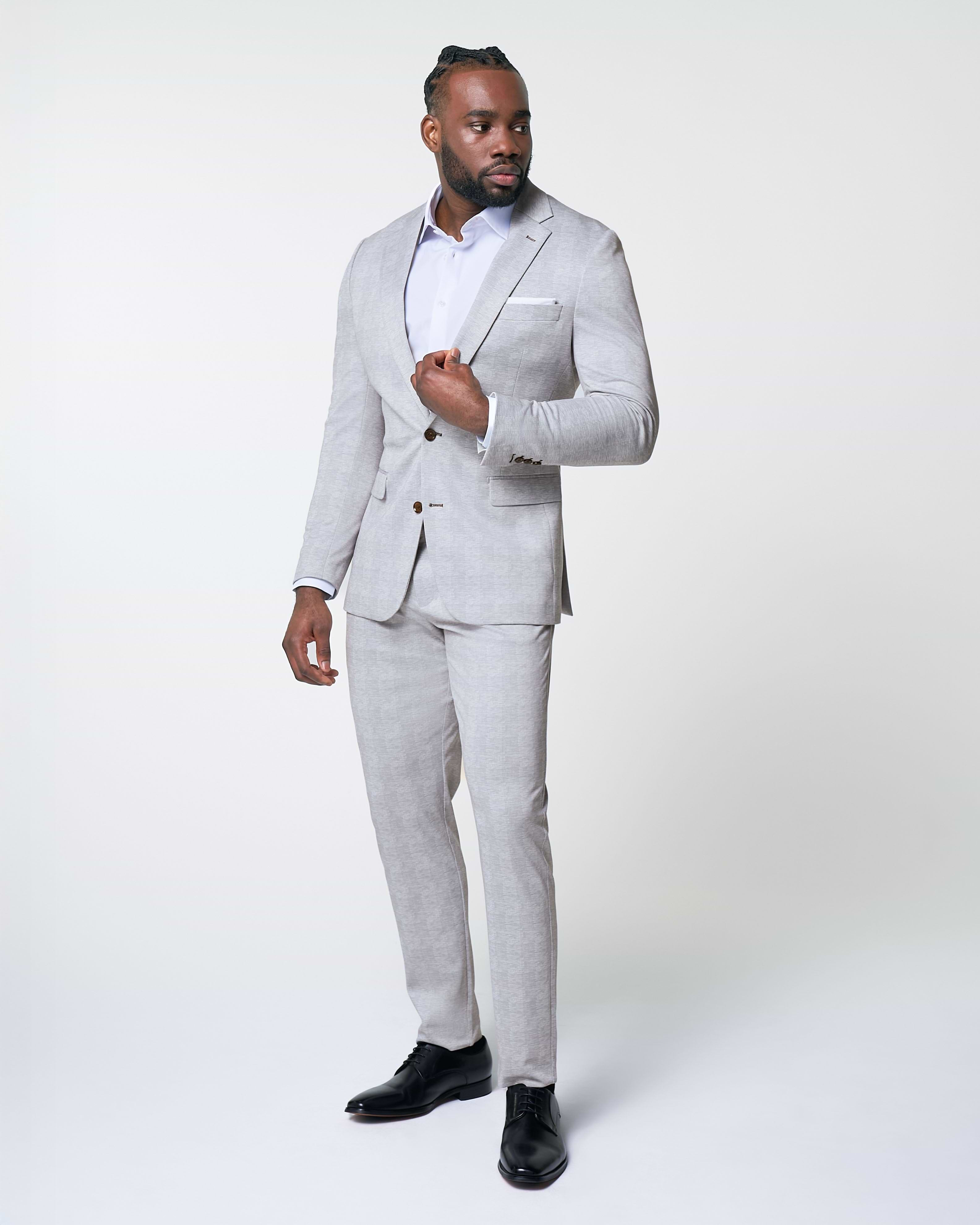 Athletic Fit Stretch Suit - Light Grey Plaid