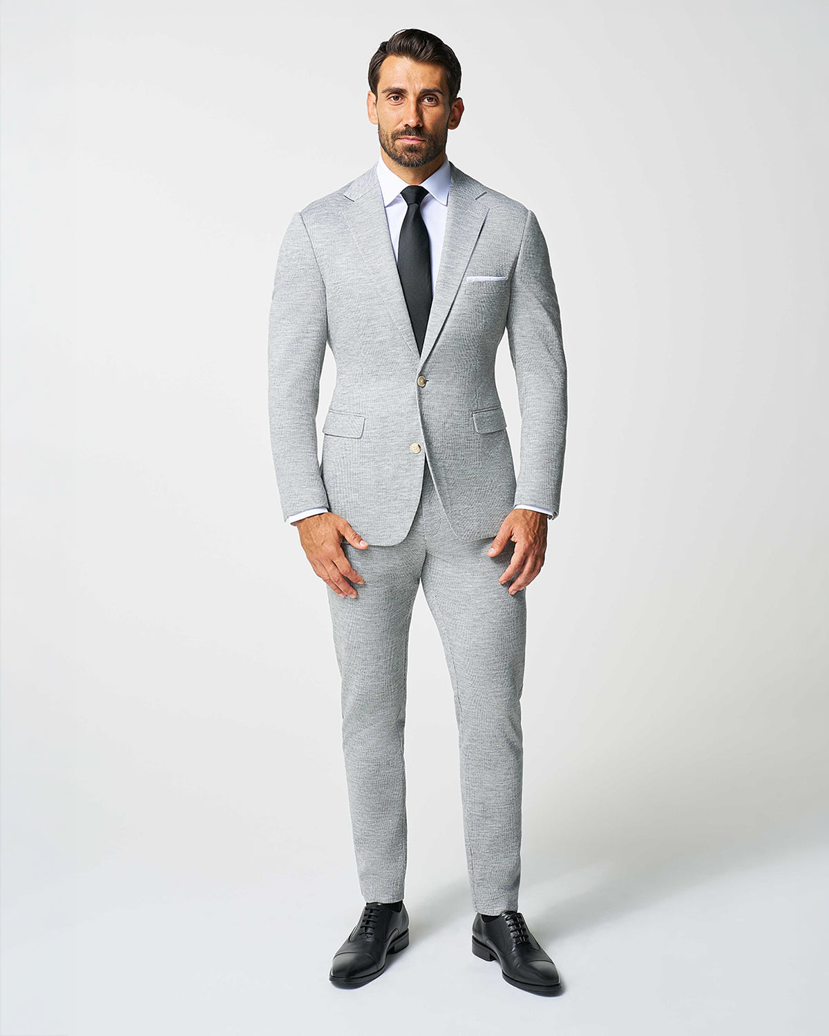 Athletic Fit Stretch Wool Suit - Light Grey with White Mini Stripe