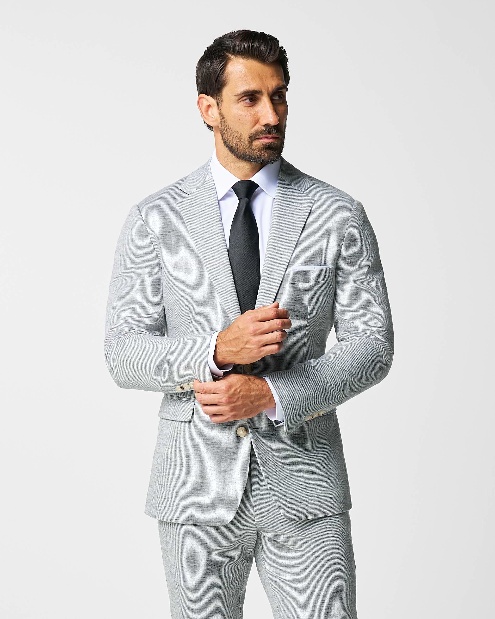 Athletic Fit Stretch Wool Suit - Light Grey with White Mini Stripe