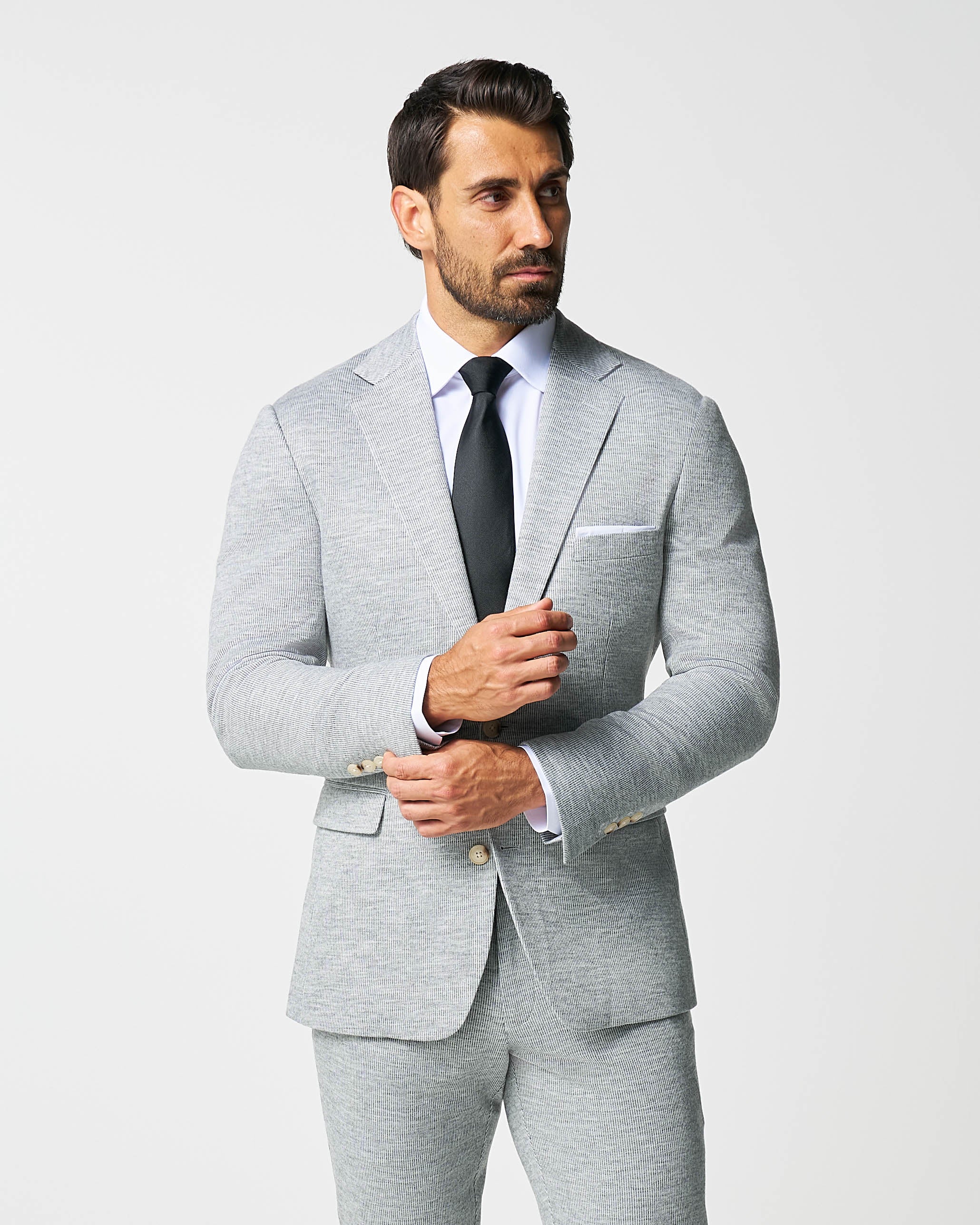 Athletic Fit Stretch Wool Suit - Light Grey with White Mini Stripe