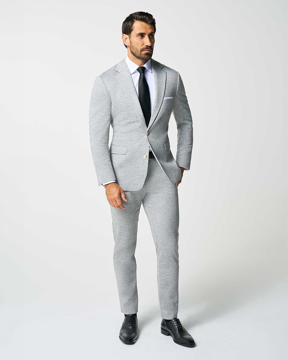 Athletic Fit Stretch Wool Suit - Light Grey with White Mini Stripe