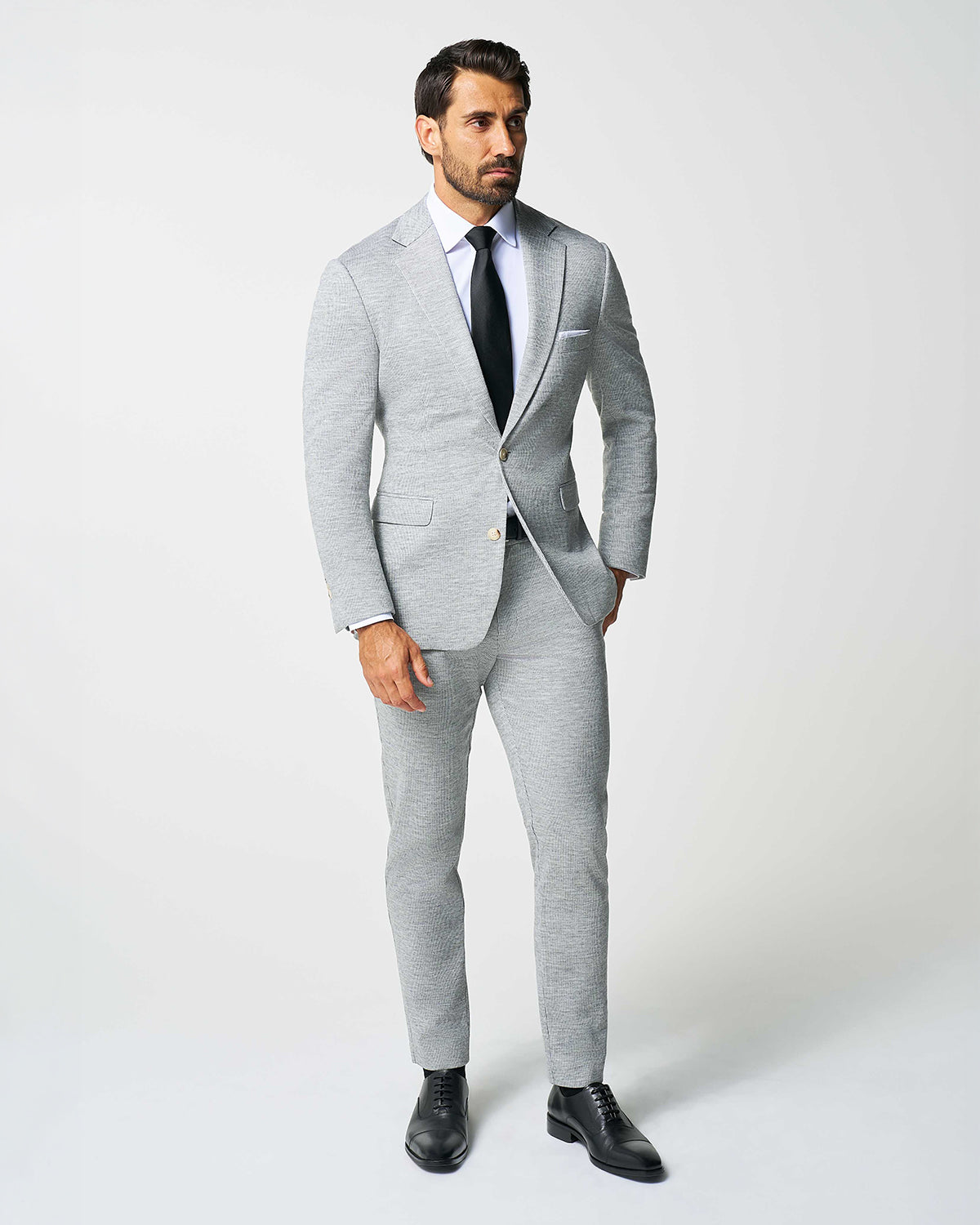 Athletic Fit Stretch Wool Suit - Light Grey with White Mini Stripe