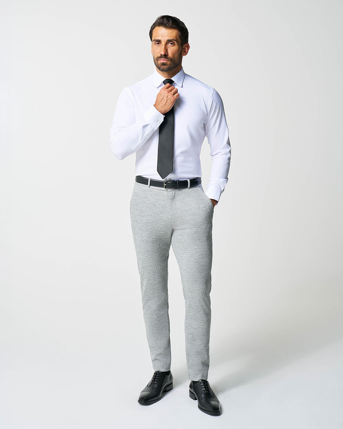 Athletic Fit Stretch Wool Suit - Light Grey with White Mini Stripe