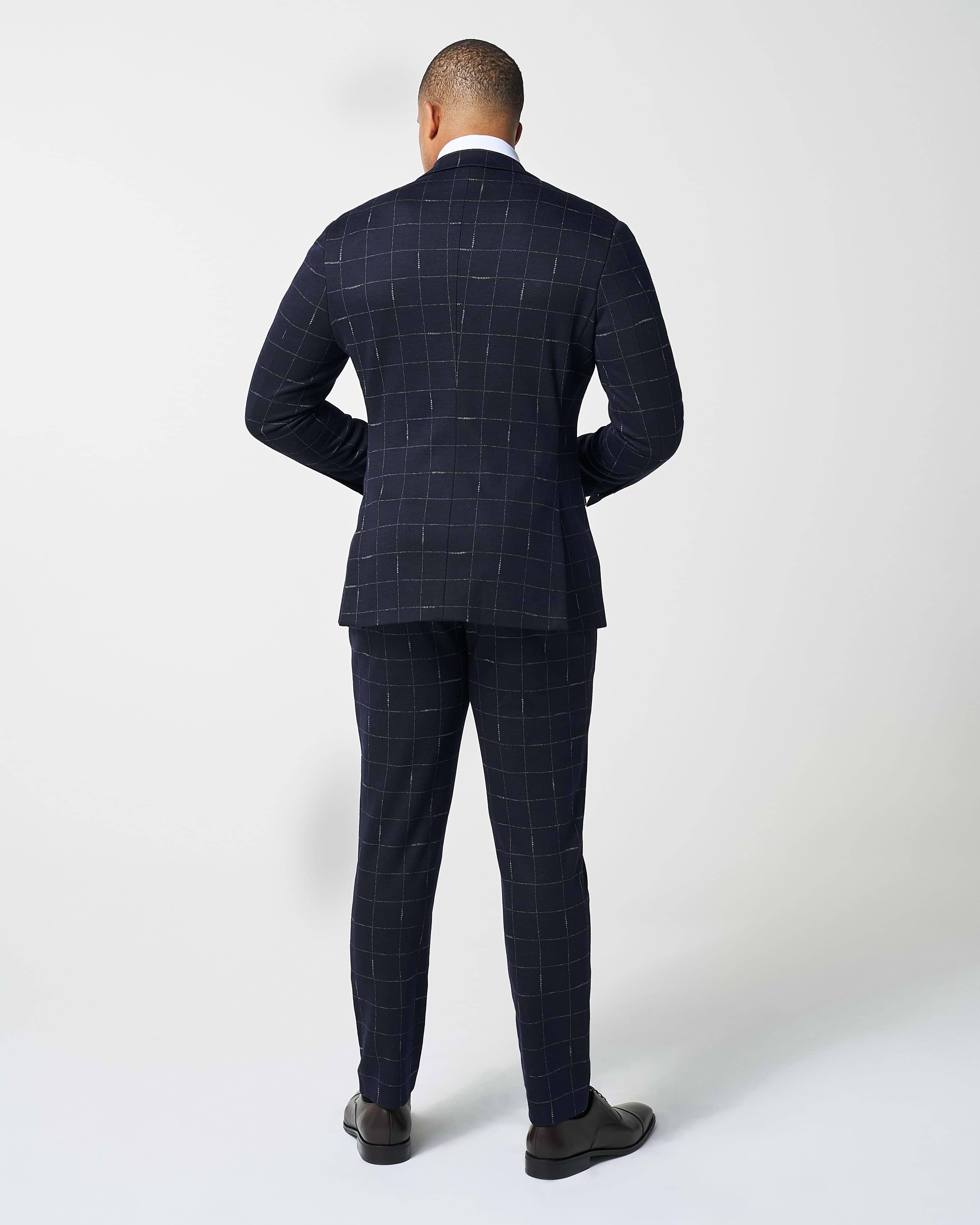 Athletic Fit Stretch Wool Suit - Midnight Navy & Chalk Windowpane