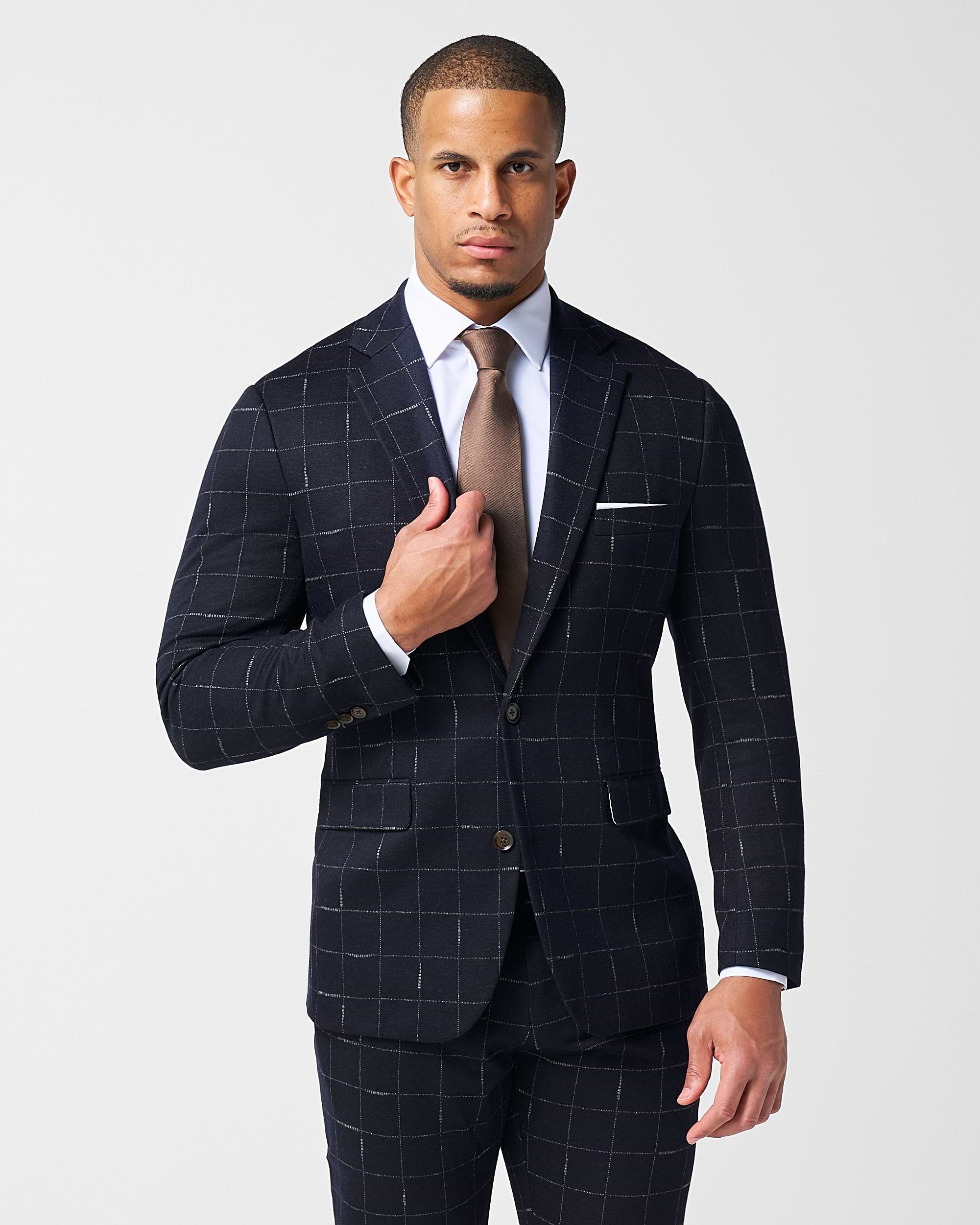 Athletic Fit Stretch Wool Suit - Midnight Navy & Chalk Windowpane