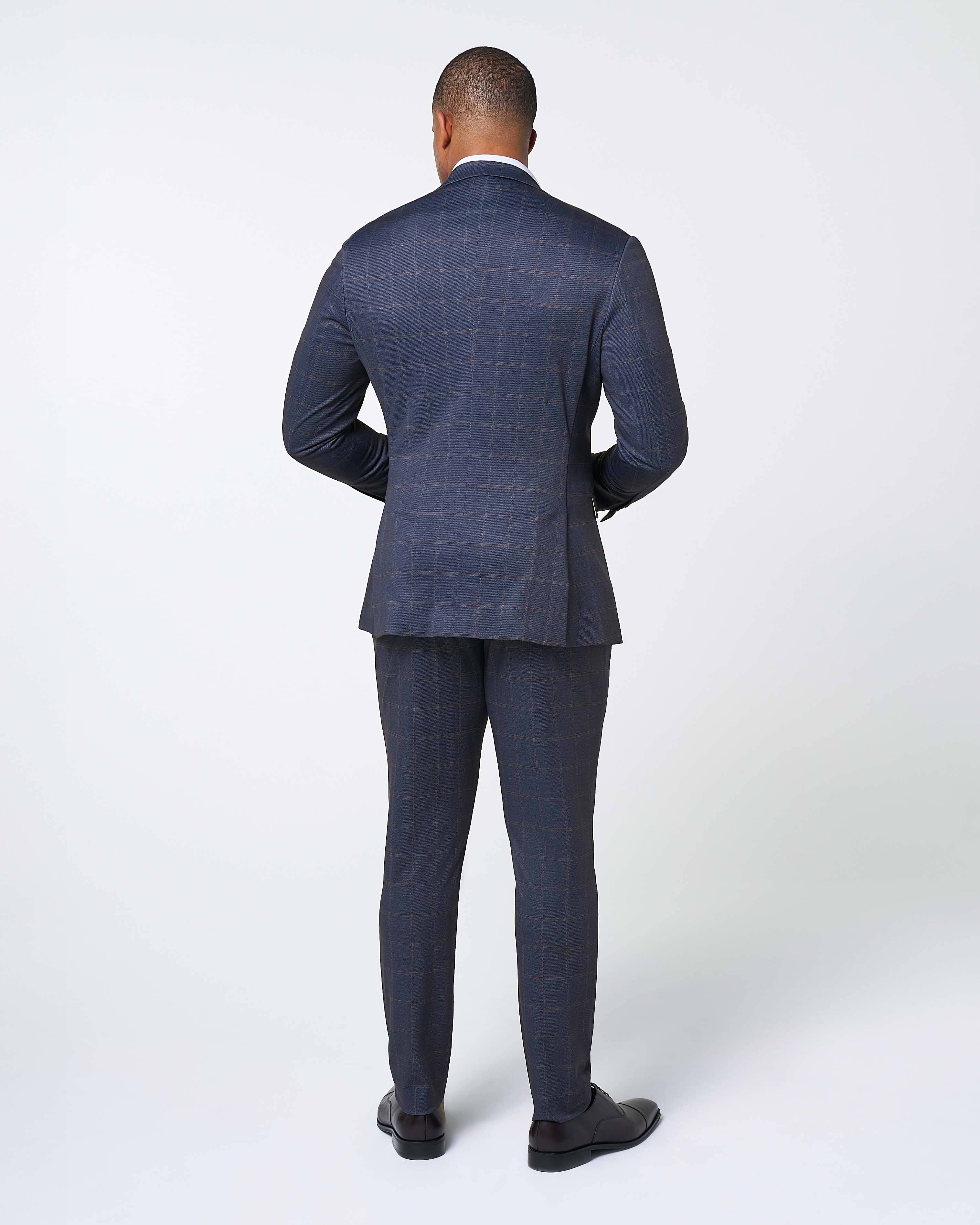 Athletic Fit Stretch Suit Pants - Navy & Brown Windowpane