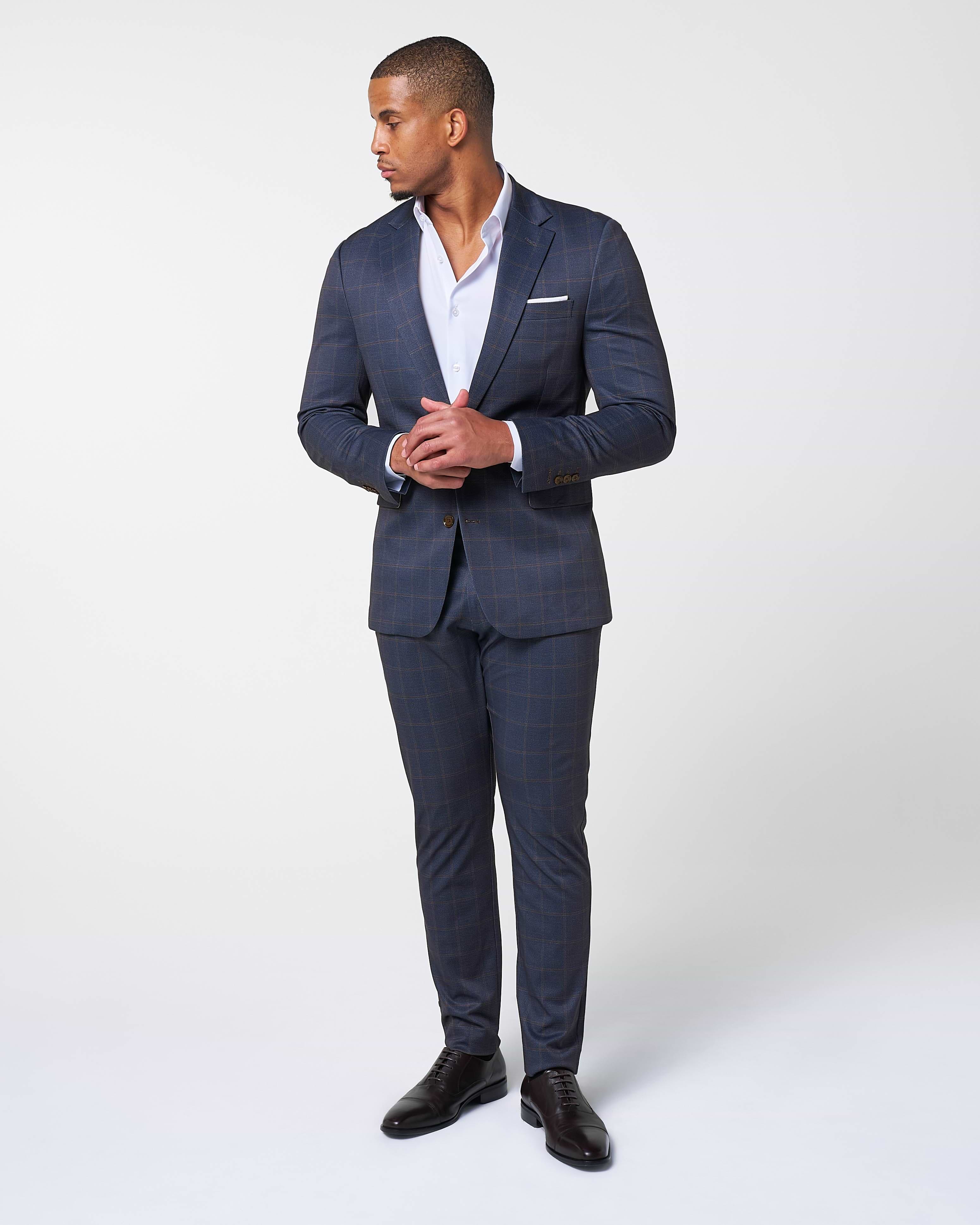 Athletic Fit Stretch Suit - Navy & Brown Windowpane