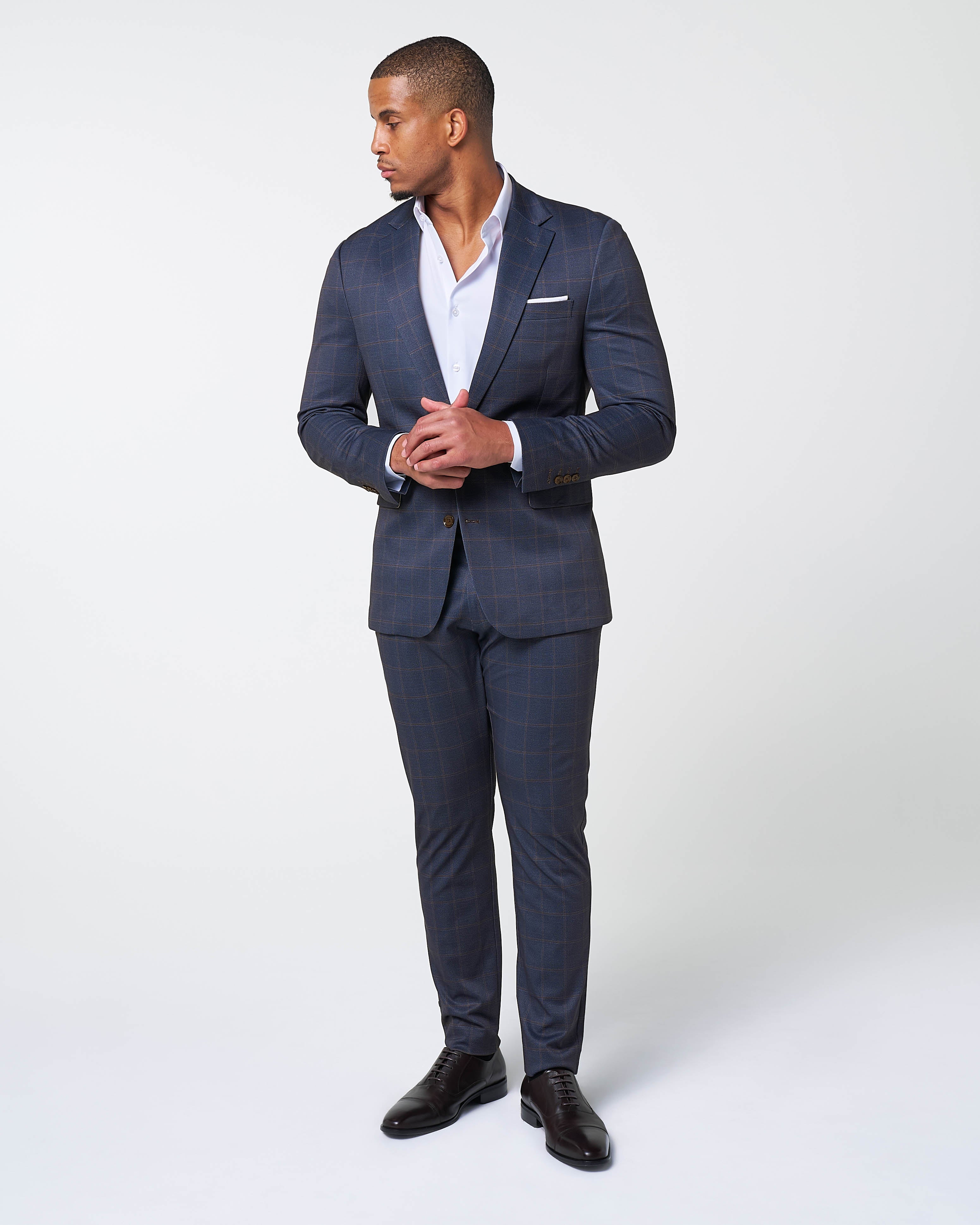 Athletic Fit Stretch Suit - Navy & Brown Windowpane