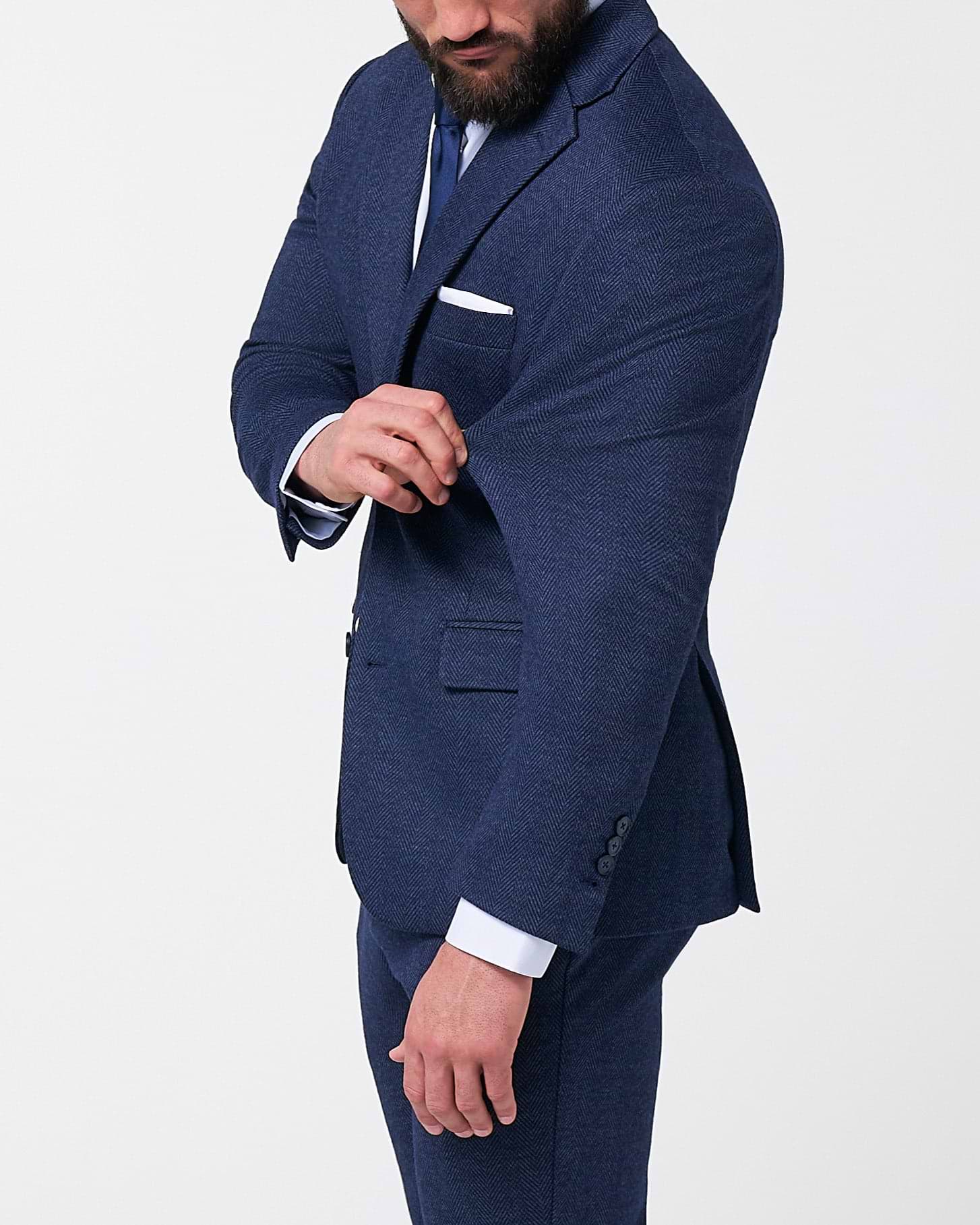 Athletic Fit Stretch Wool Suit - Navy Herringbone