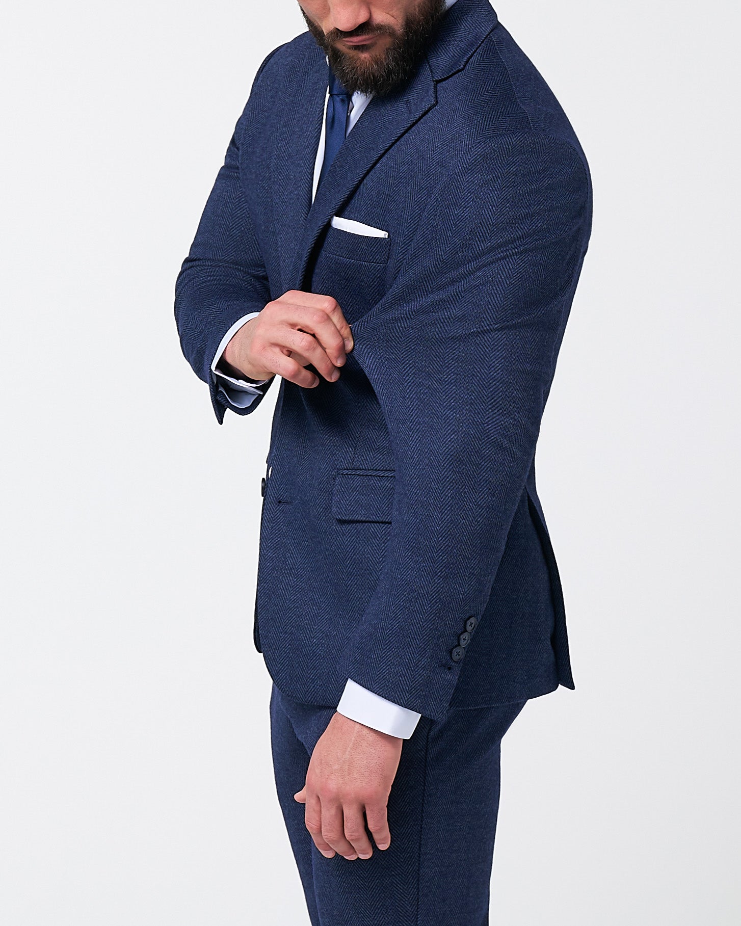 Athletic Fit Stretch Wool Suit - Navy Herringbone
