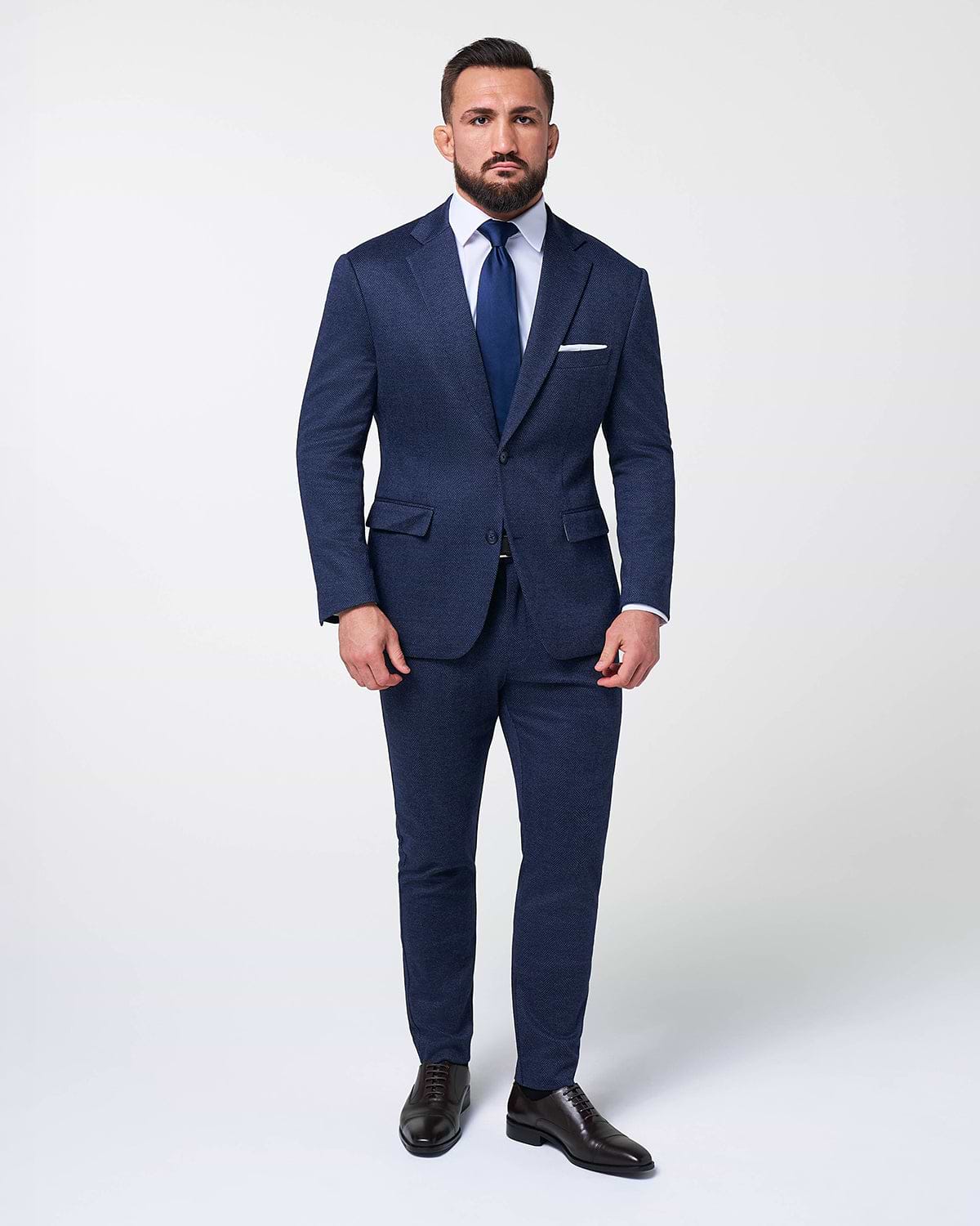 Athletic Fit Stretch Wool Suit - Navy Herringbone