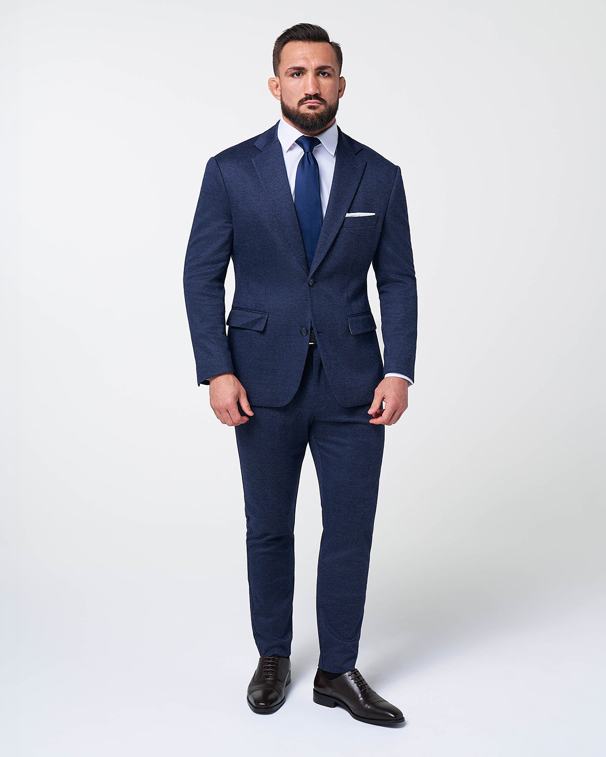 Athletic Fit Stretch Wool Suit - Navy Herringbone