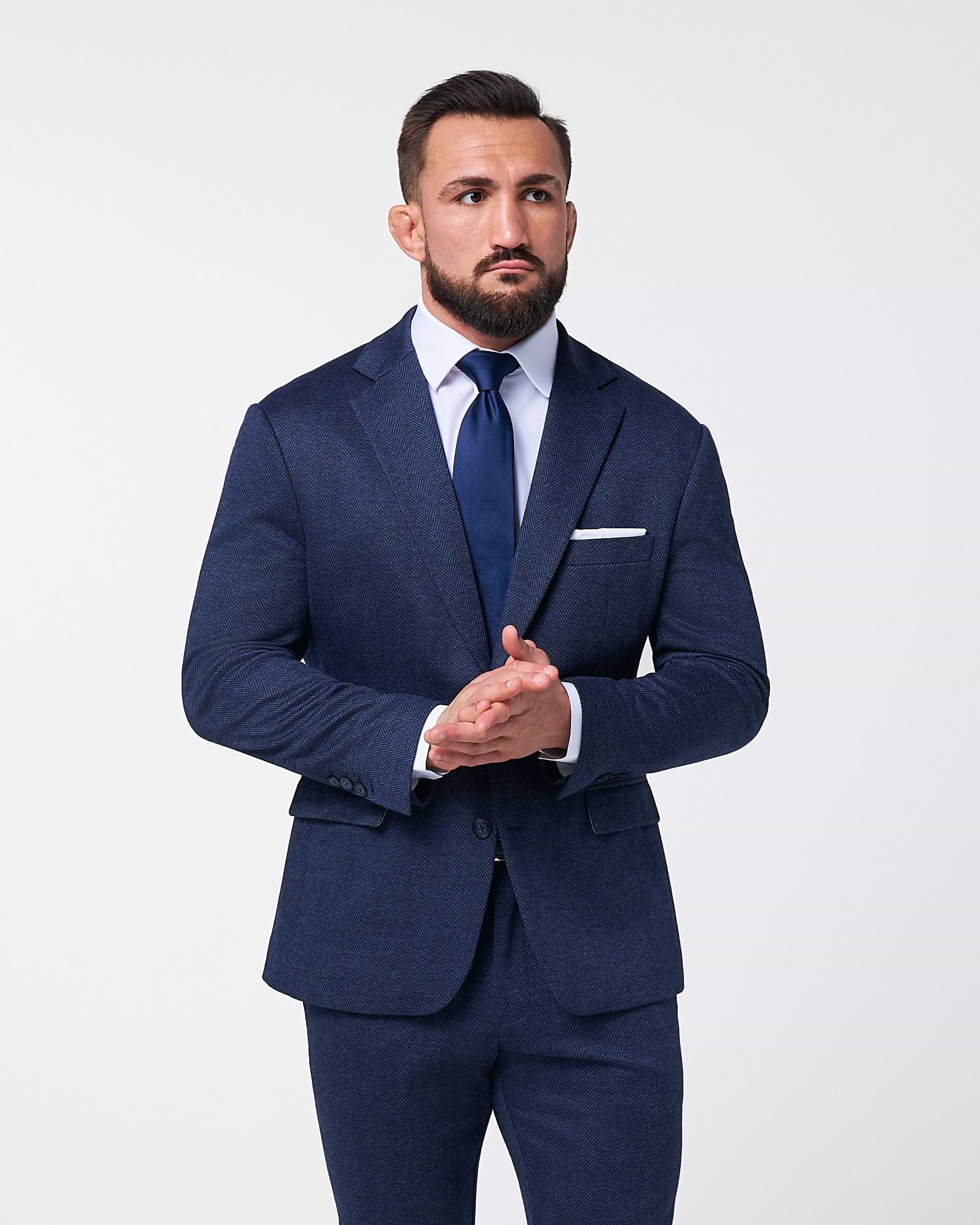 Athletic Fit Stretch Wool Suit - Navy Herringbone