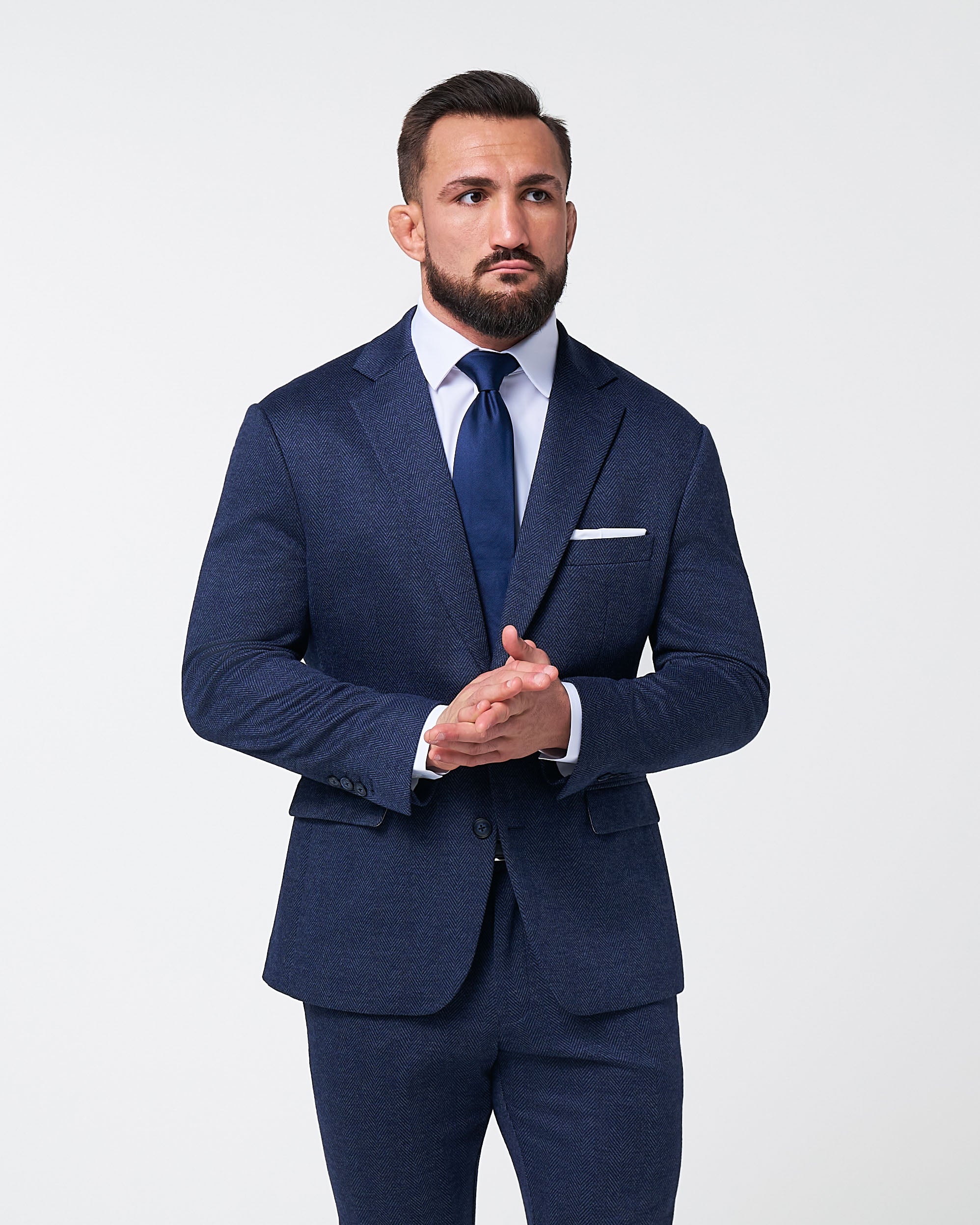 Athletic Fit Stretch Wool Suit - Navy Herringbone