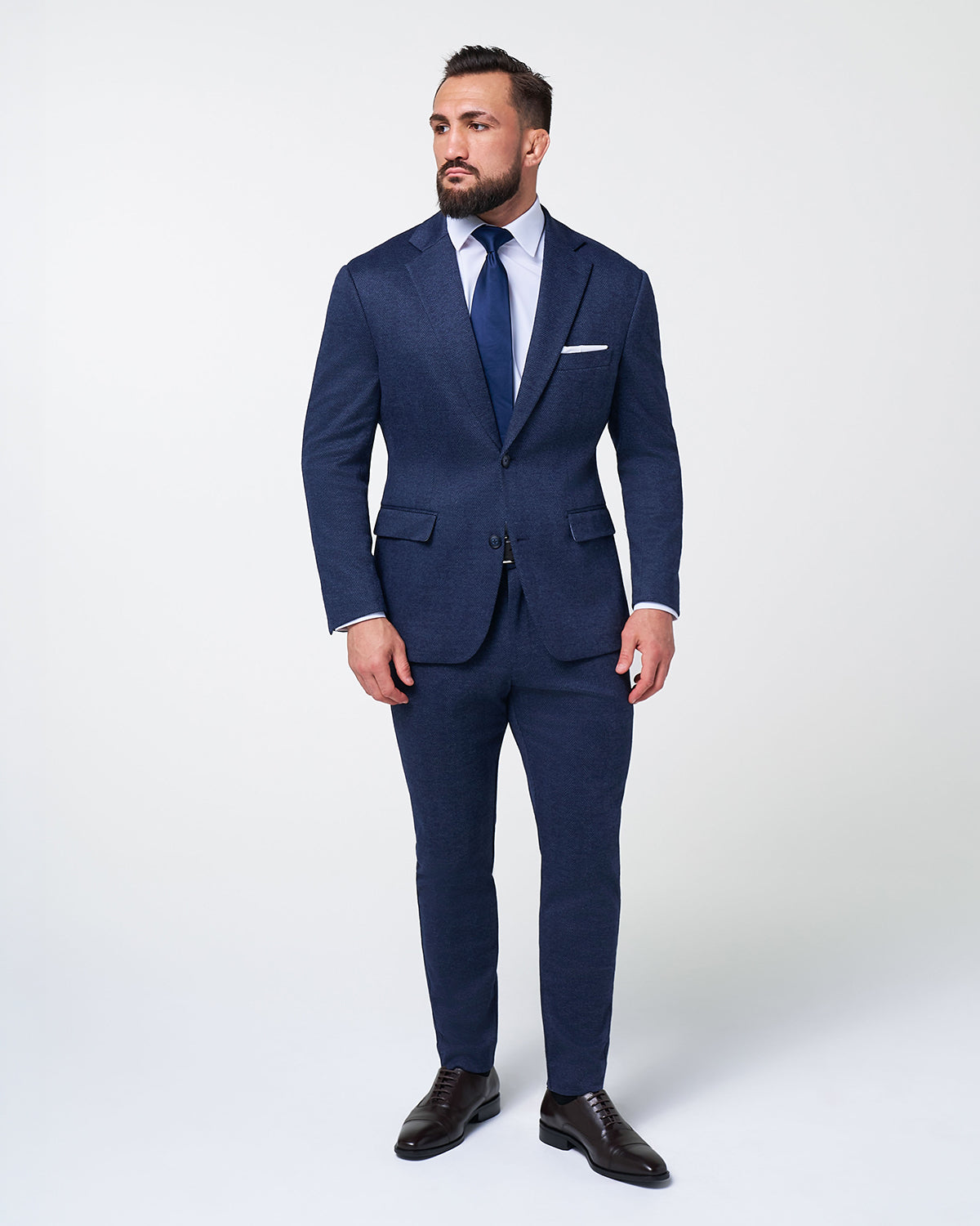Athletic Fit Stretch Wool Suit - Navy Herringbone