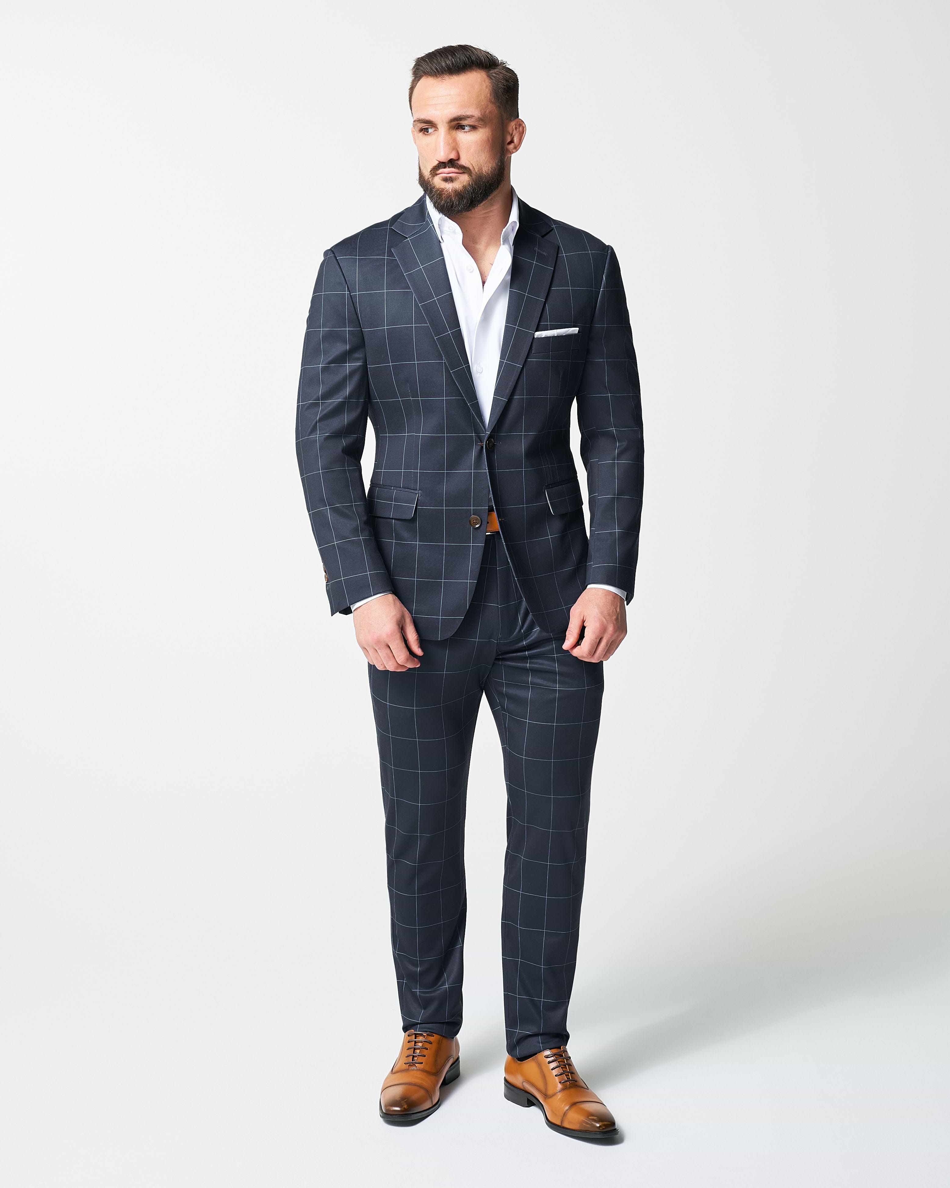 Athletic Fit Stretch Suit - Navy & Light Blue Windowpane