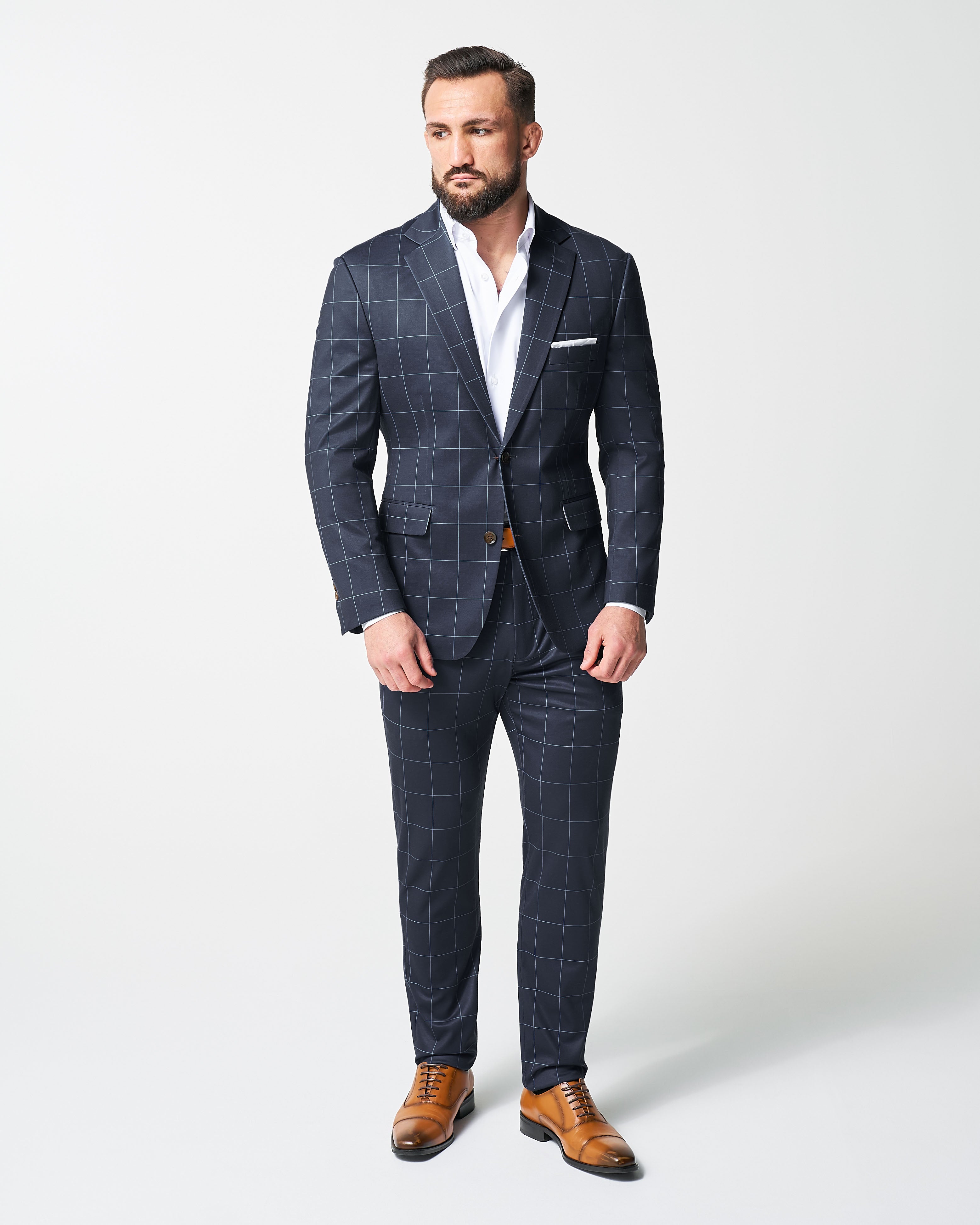 Athletic Fit Stretch Suit - Navy & Light Blue Windowpane
