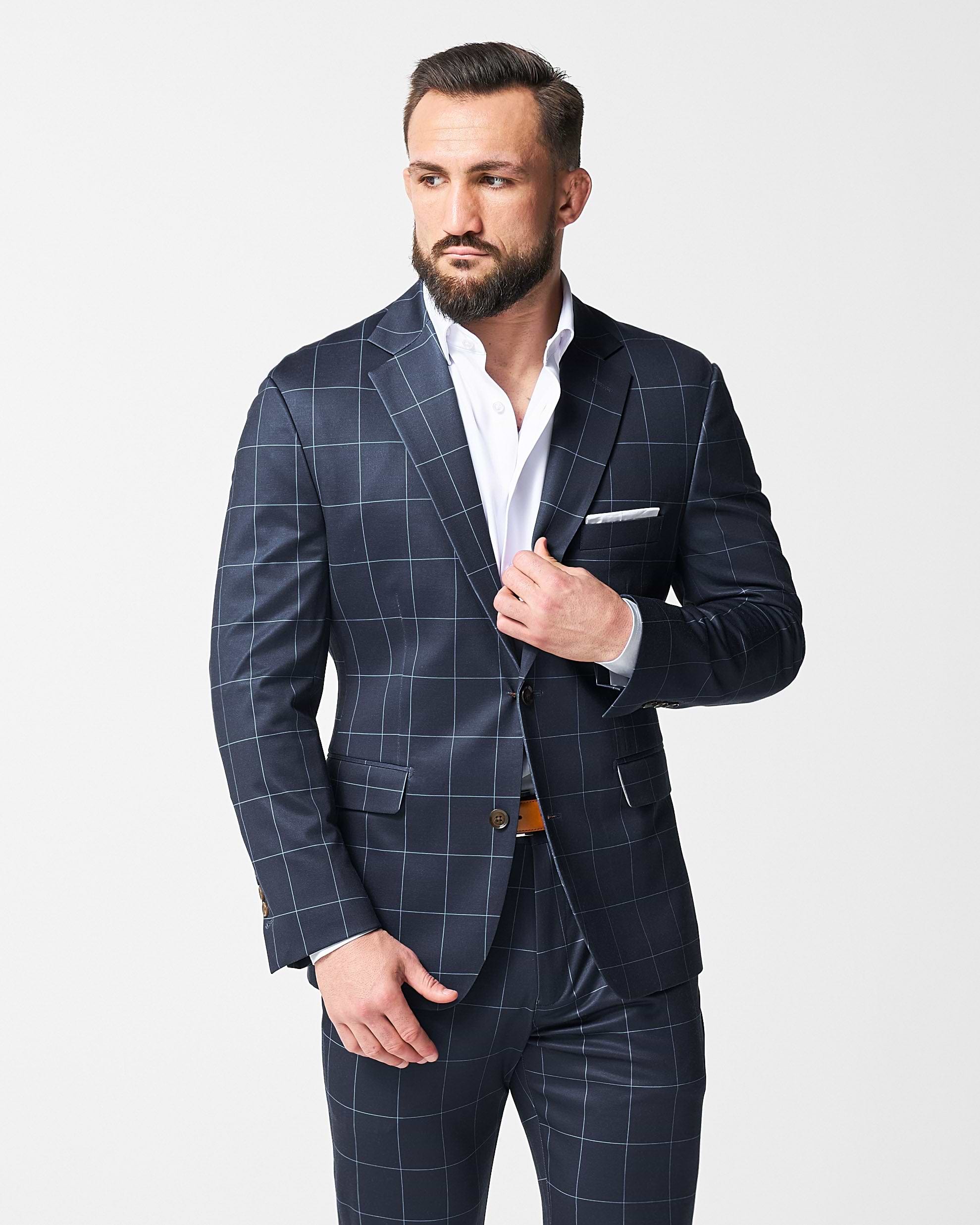 Athletic Fit Stretch Suit - Navy & Light Blue Windowpane