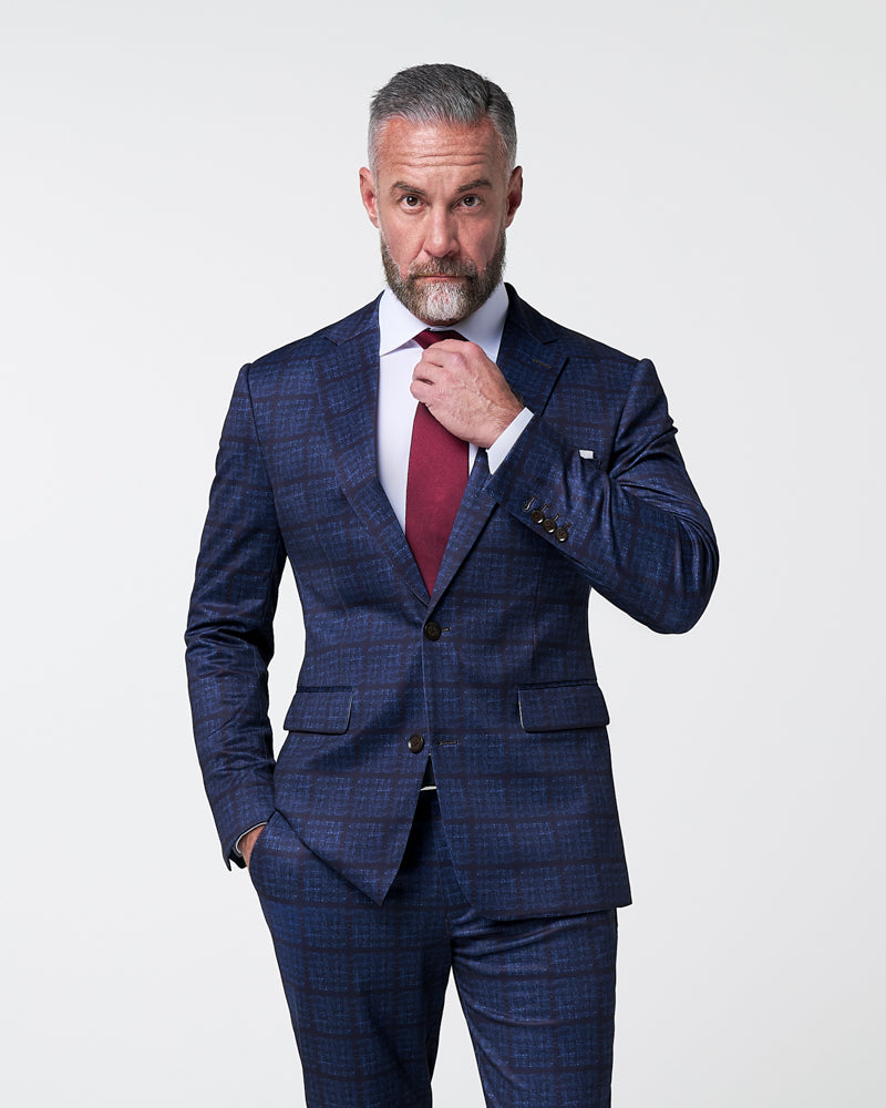 Athletic Fit Stretch Suit - Navy & Maroon Windowpane