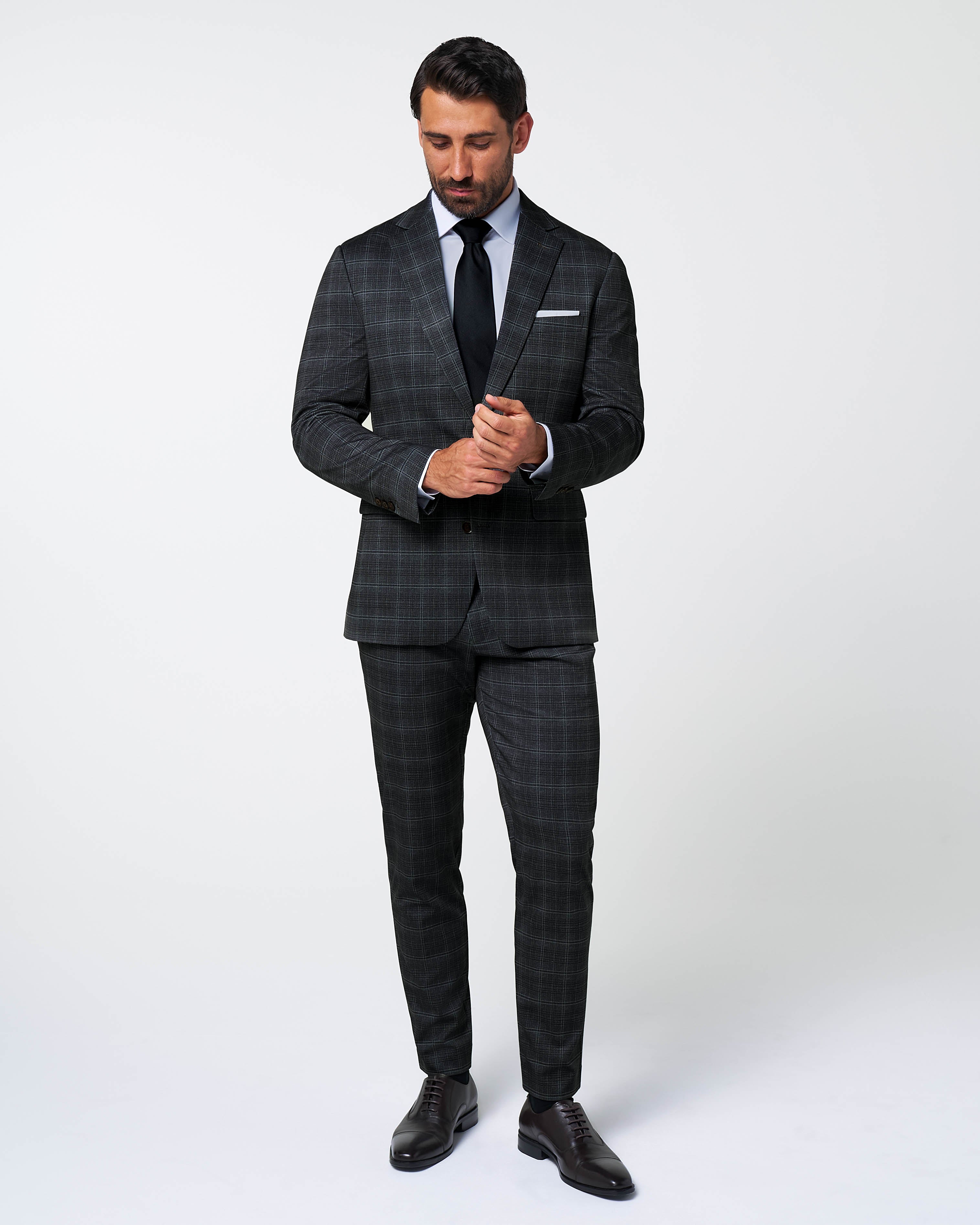 Athletic Fit Stretch Suit - Stone Grey Plaid