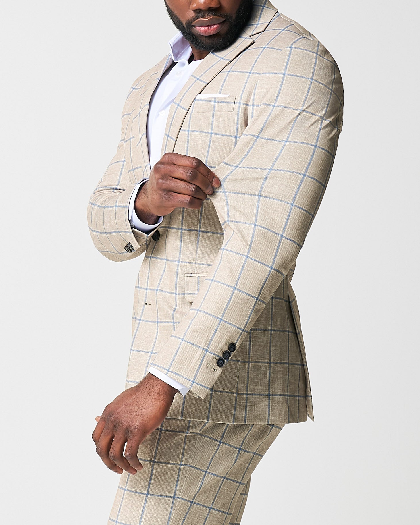 Athletic Fit Stretch Suit - Tan with Big Blue Windowpane
