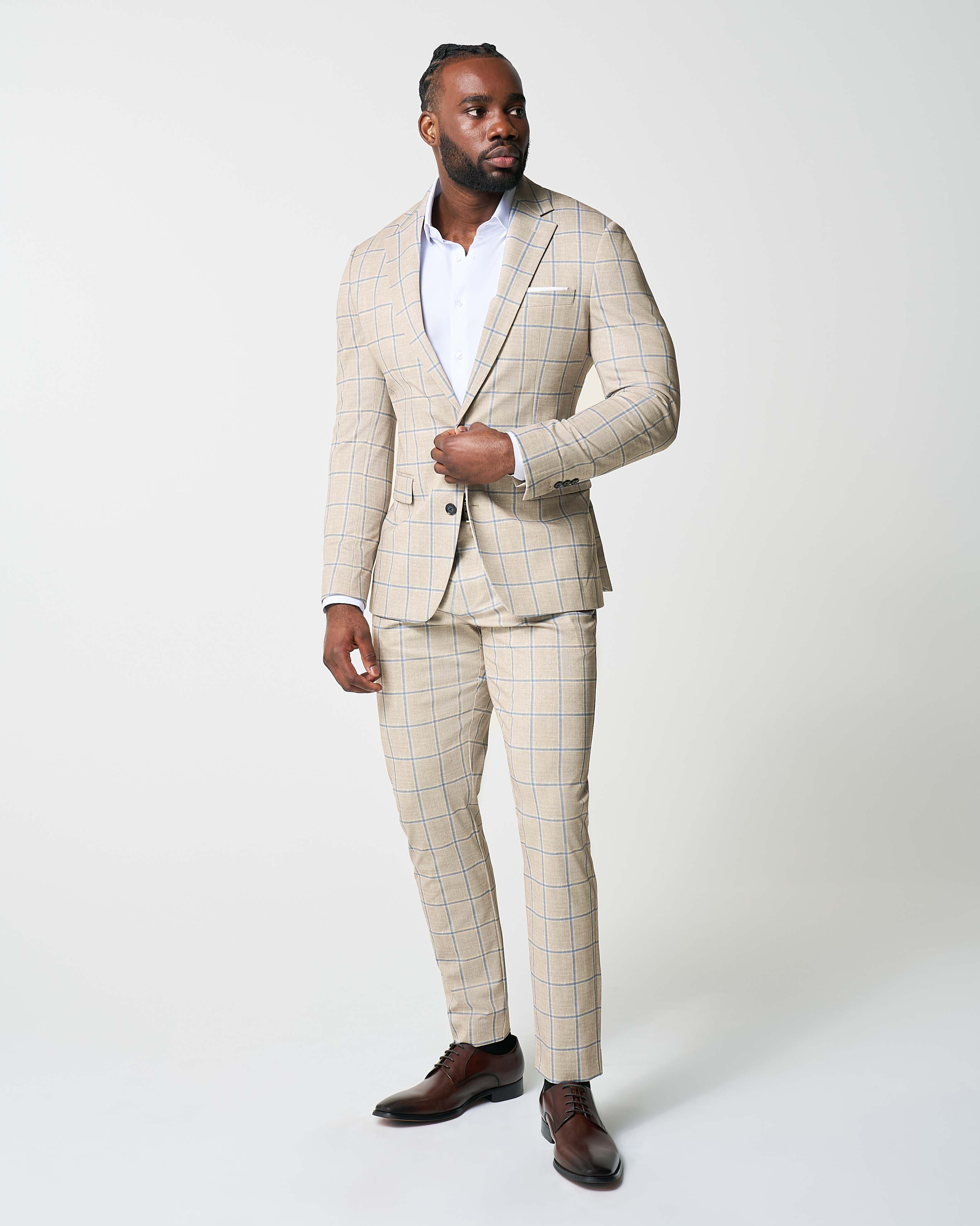 Athletic Fit Stretch Suit - Tan with Big Blue Windowpane