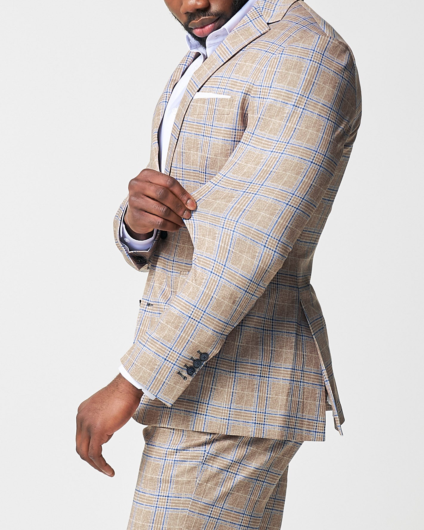 Athletic Fit Stretch Suit - Tan and Blue Plaid