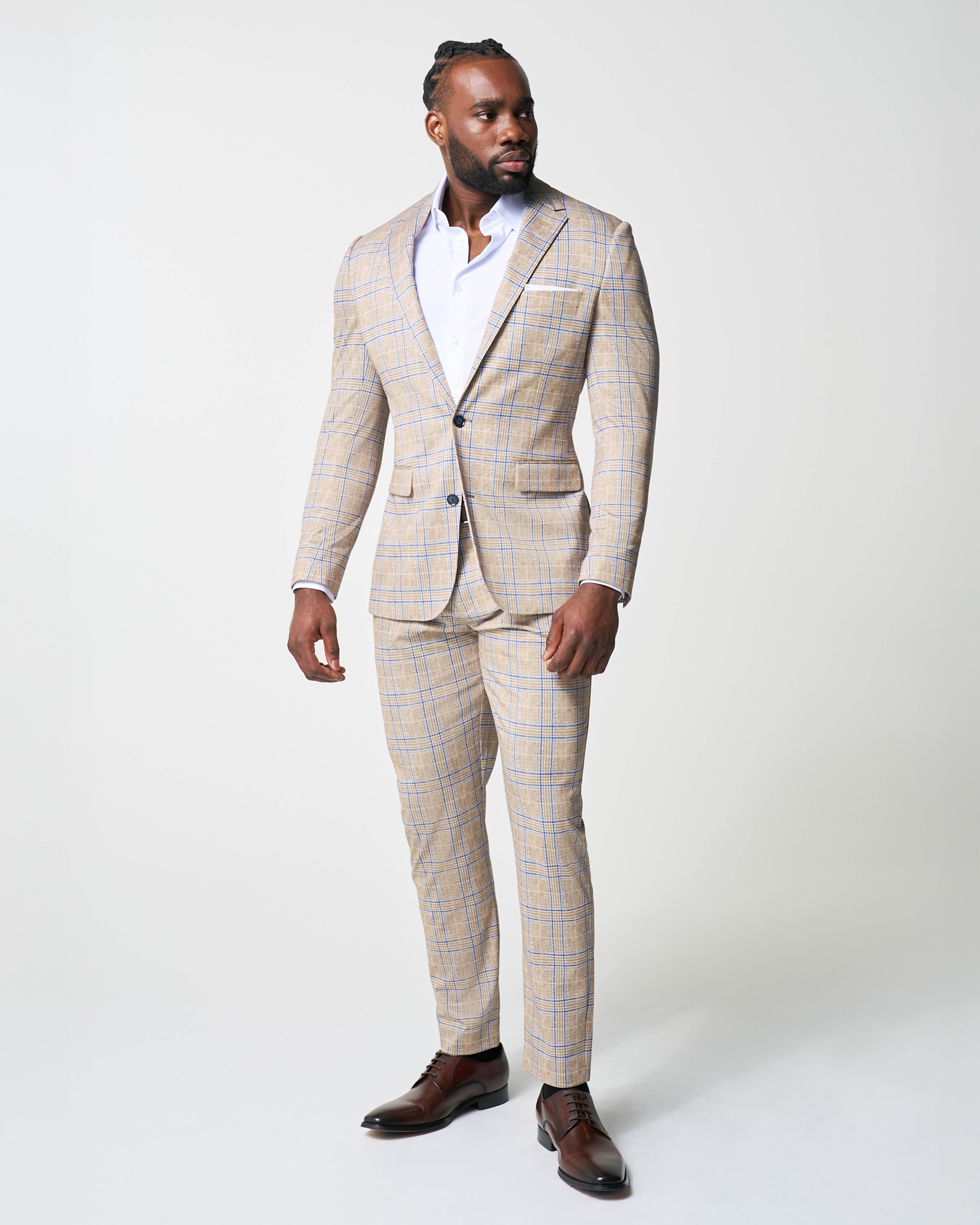 Athletic Fit Stretch Suit - Tan and Blue Plaid