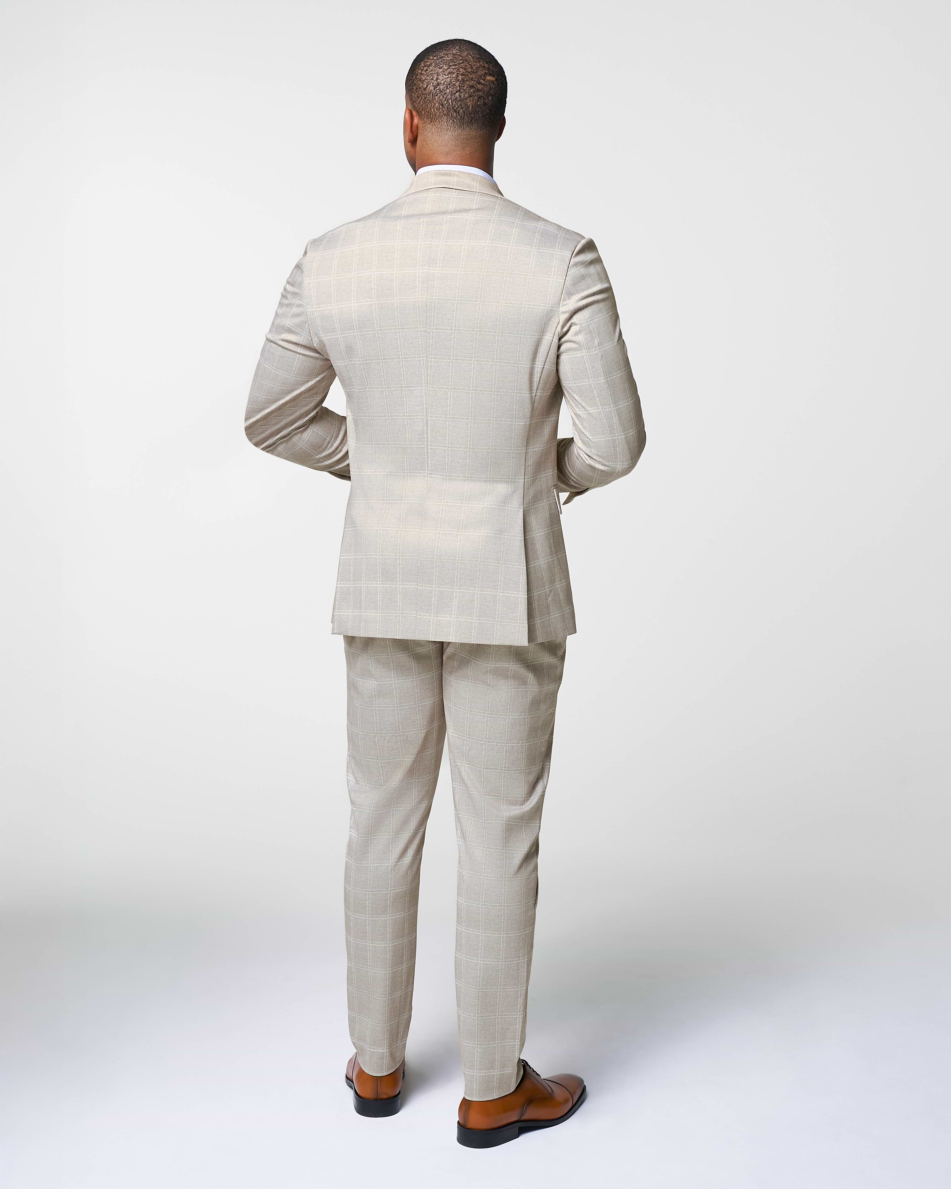 Athletic Fit Stretch Suit - Tan and White Windowpane Suit