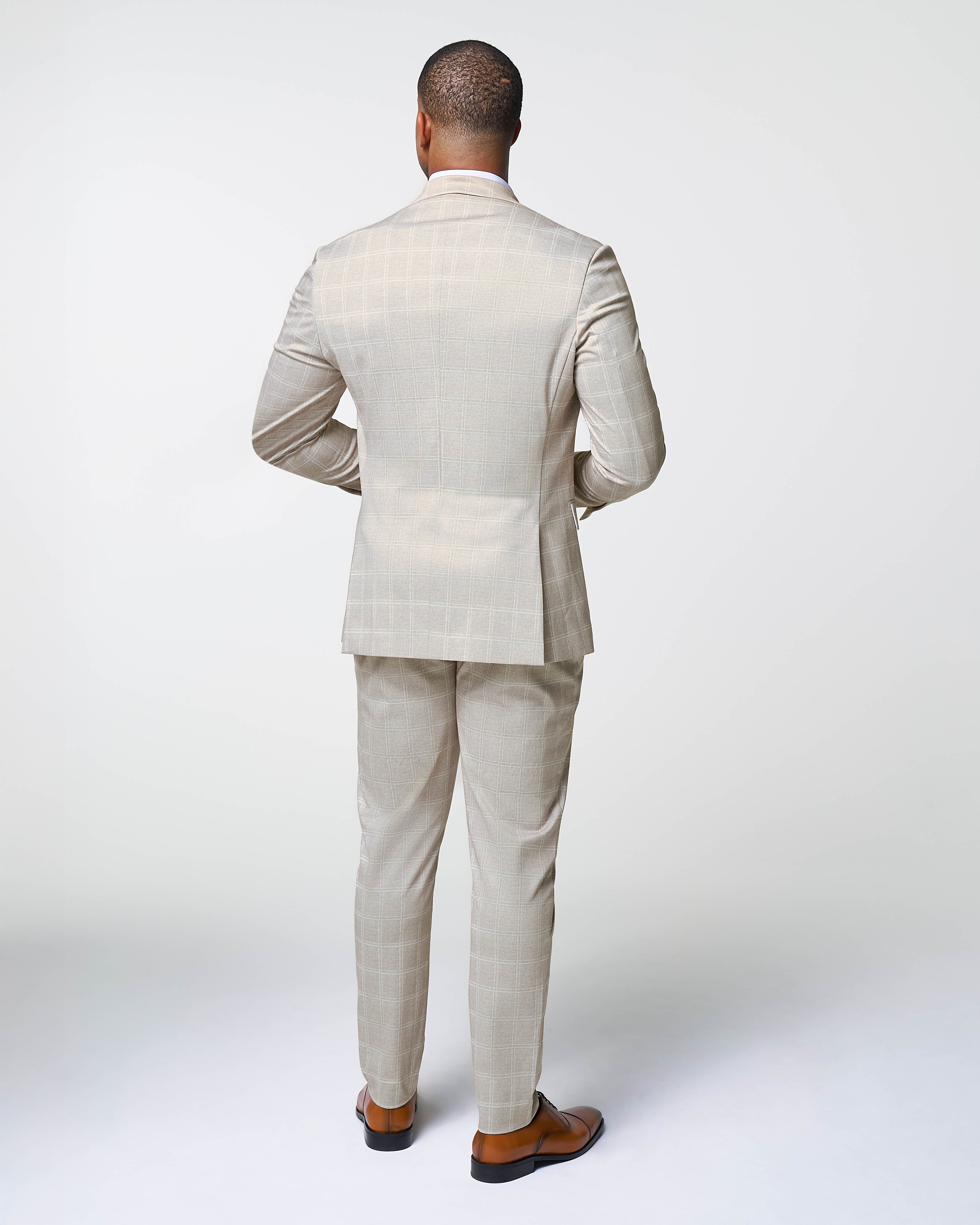 Athletic Fit Stretch Suit - Tan and White Windowpane Suit