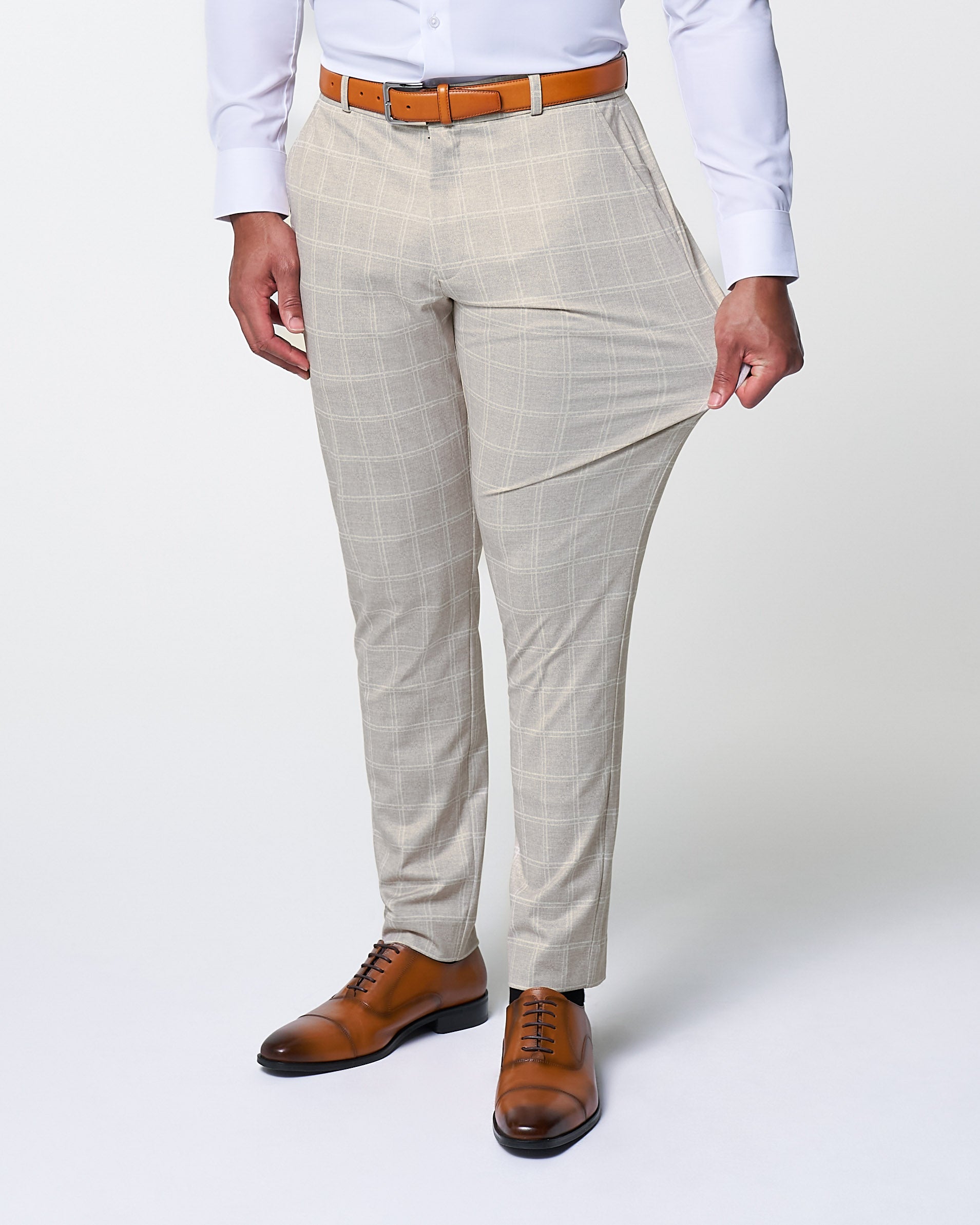 Athletic Fit Stretch Suit - Tan and White Windowpane Suit