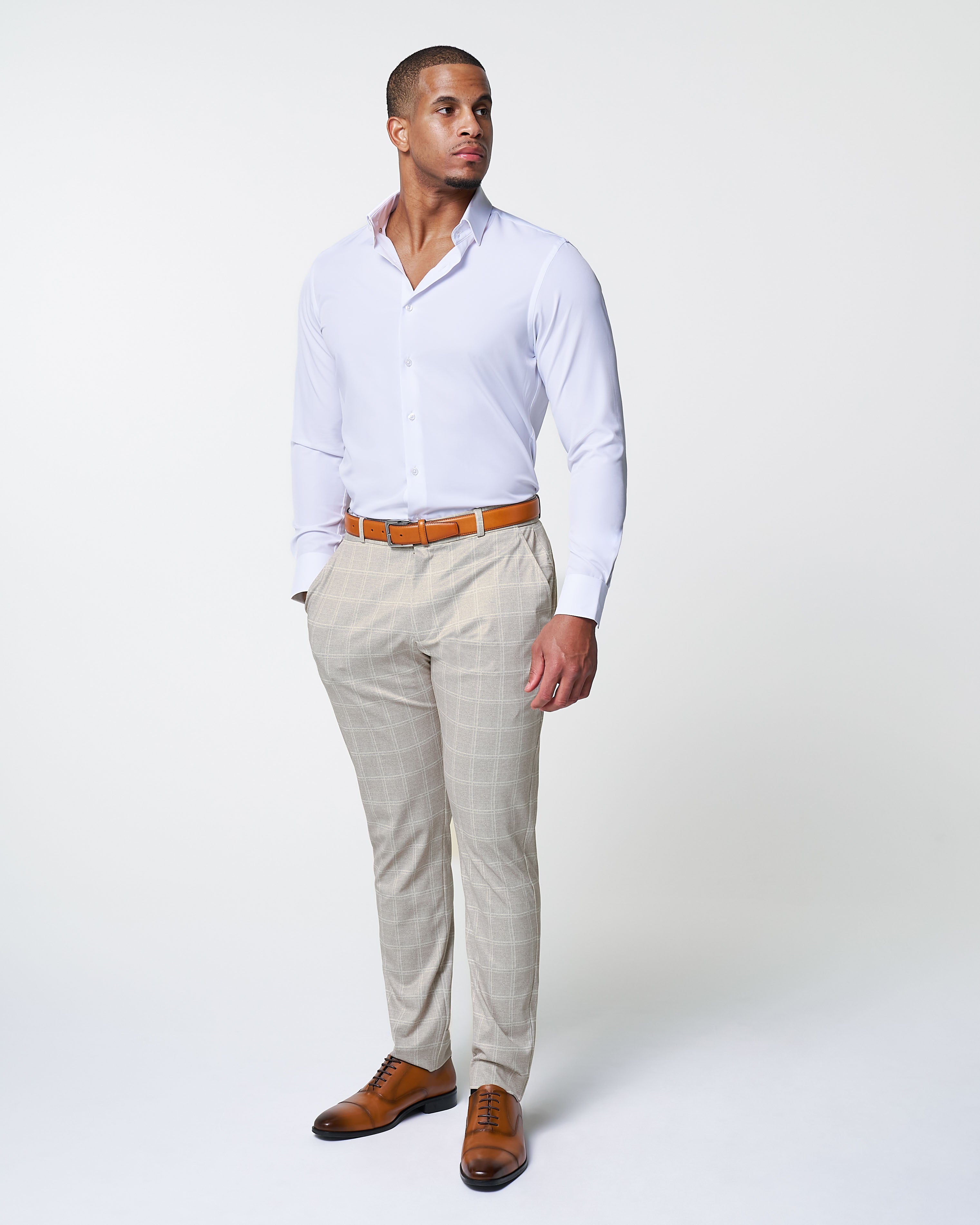 Athletic Fit Stretch Suit - Tan and White Windowpane Suit