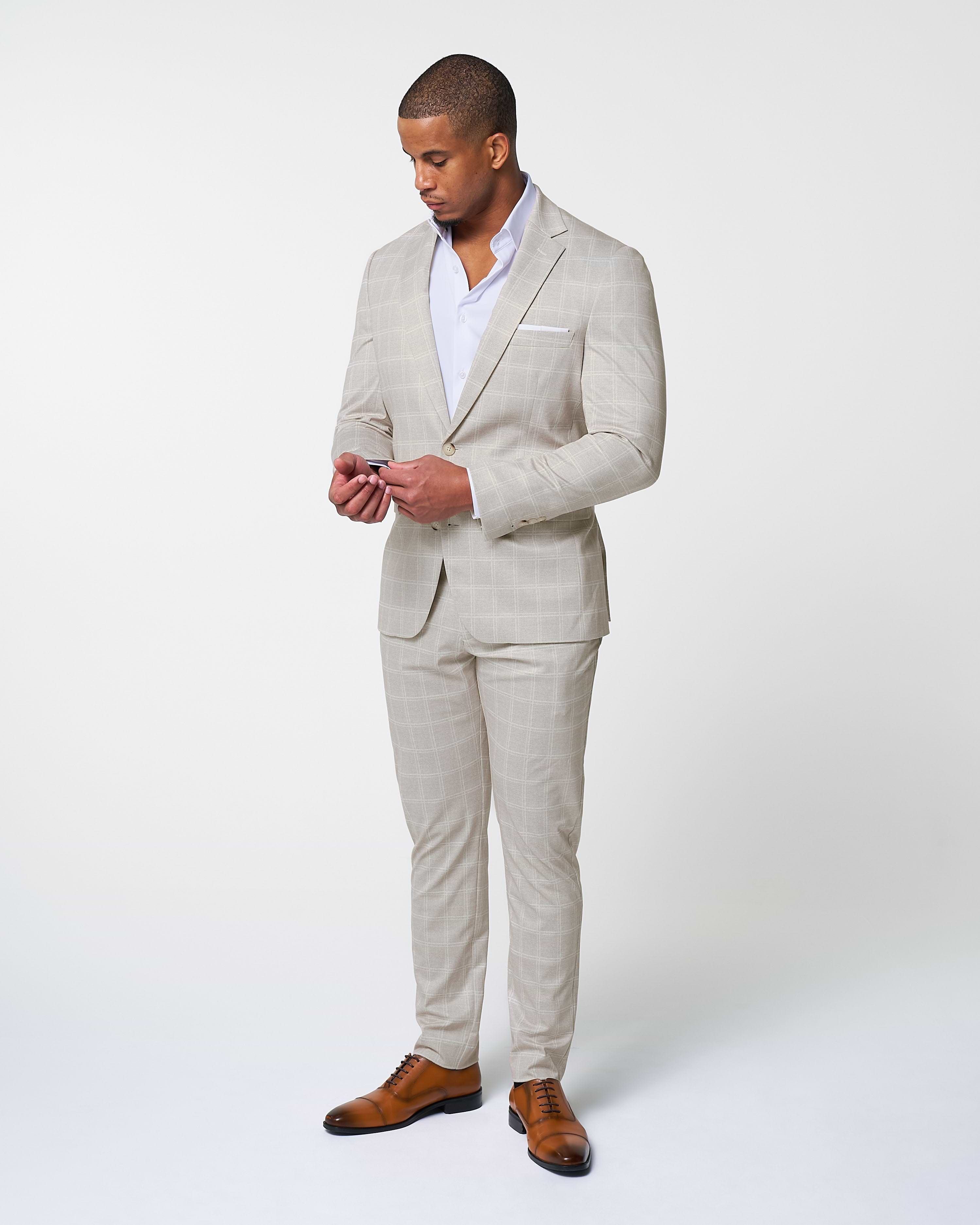 Athletic Fit Stretch Suit - Tan and White Windowpane Suit