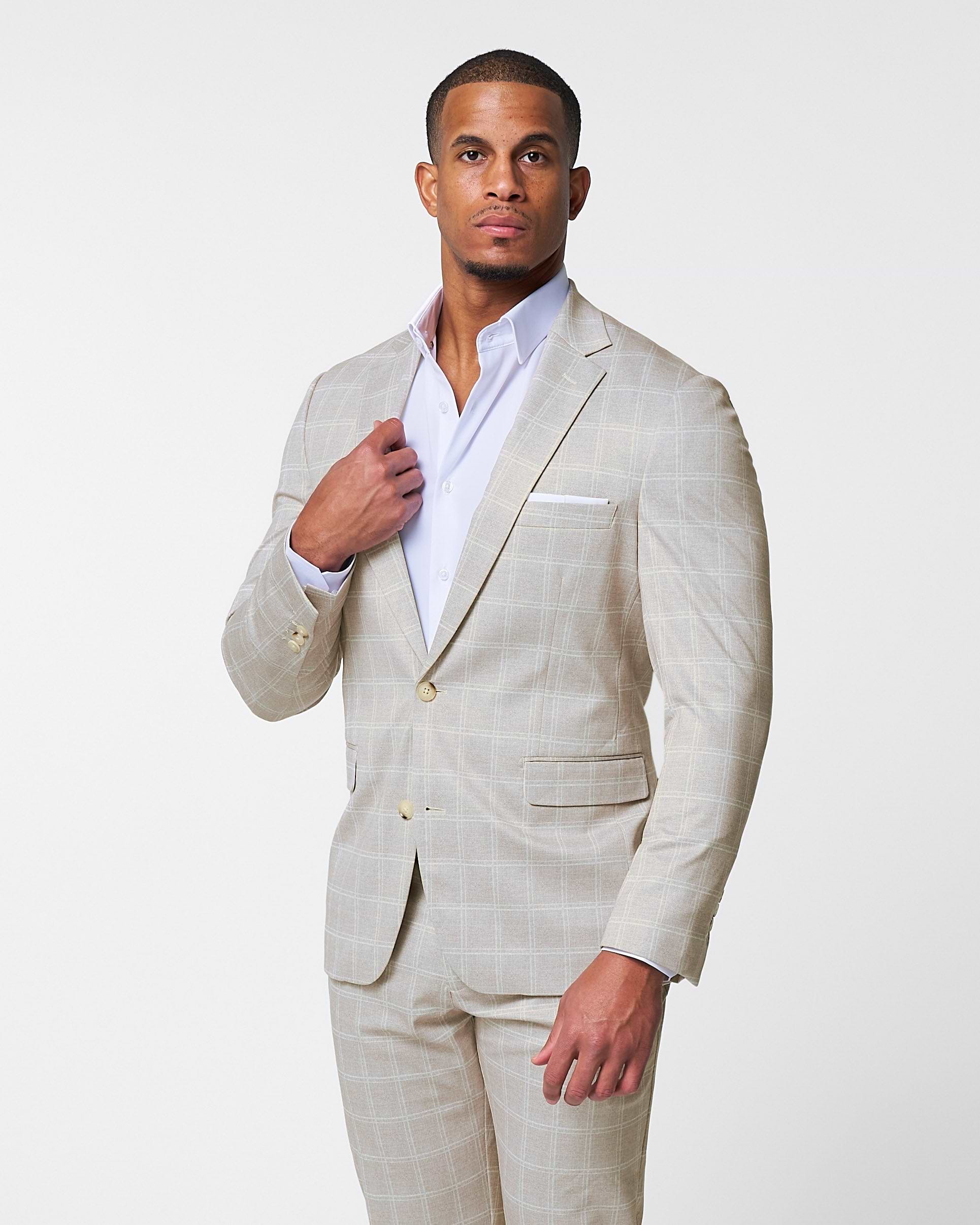 Athletic Fit Stretch Suit - Tan and White Windowpane Suit