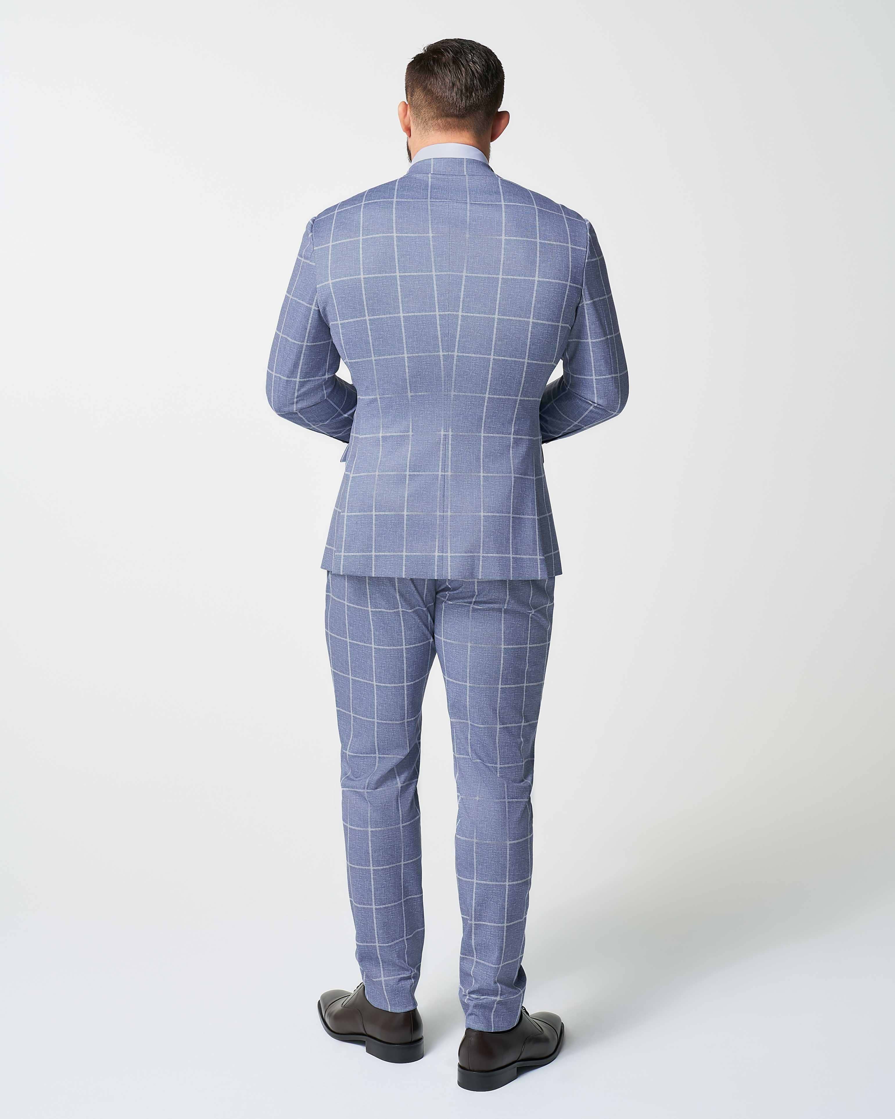 Athletic Fit Stretch Suit - Textured Light Blue with White Windowpane