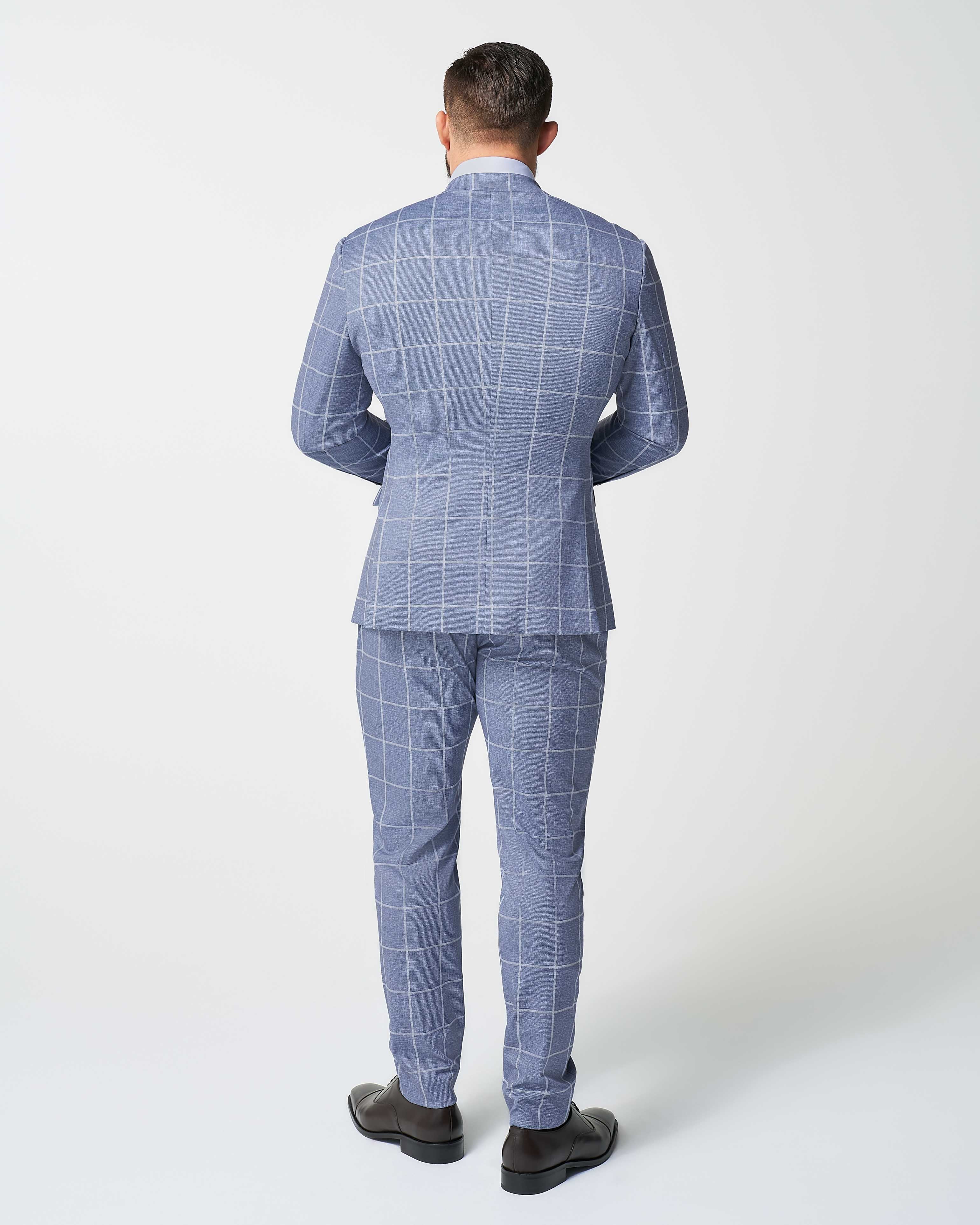 Athletic Fit Stretch Suit - Textured Light Blue with White Windowpane