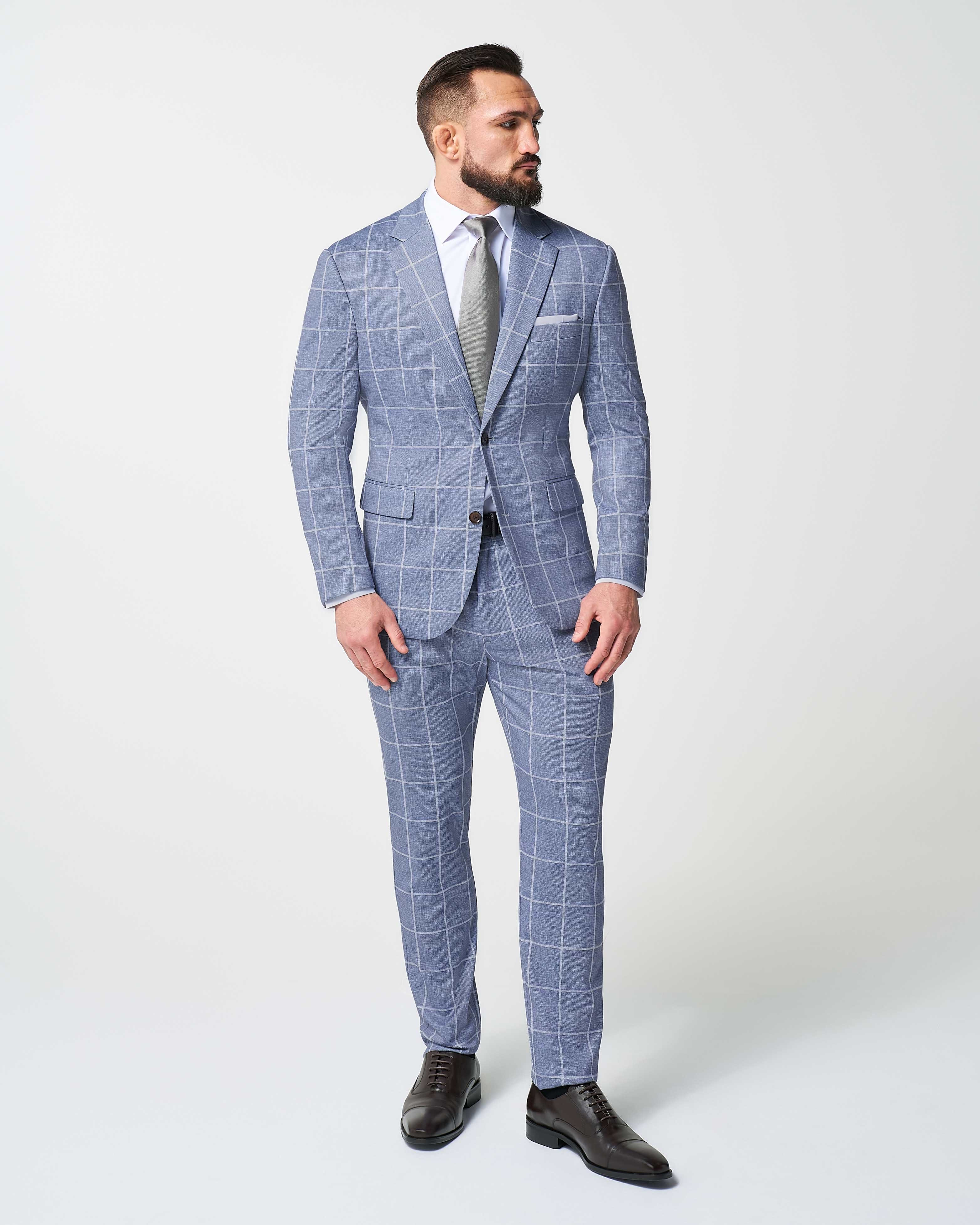Athletic Fit Stretch Suit - Textured Light Blue with White Windowpane