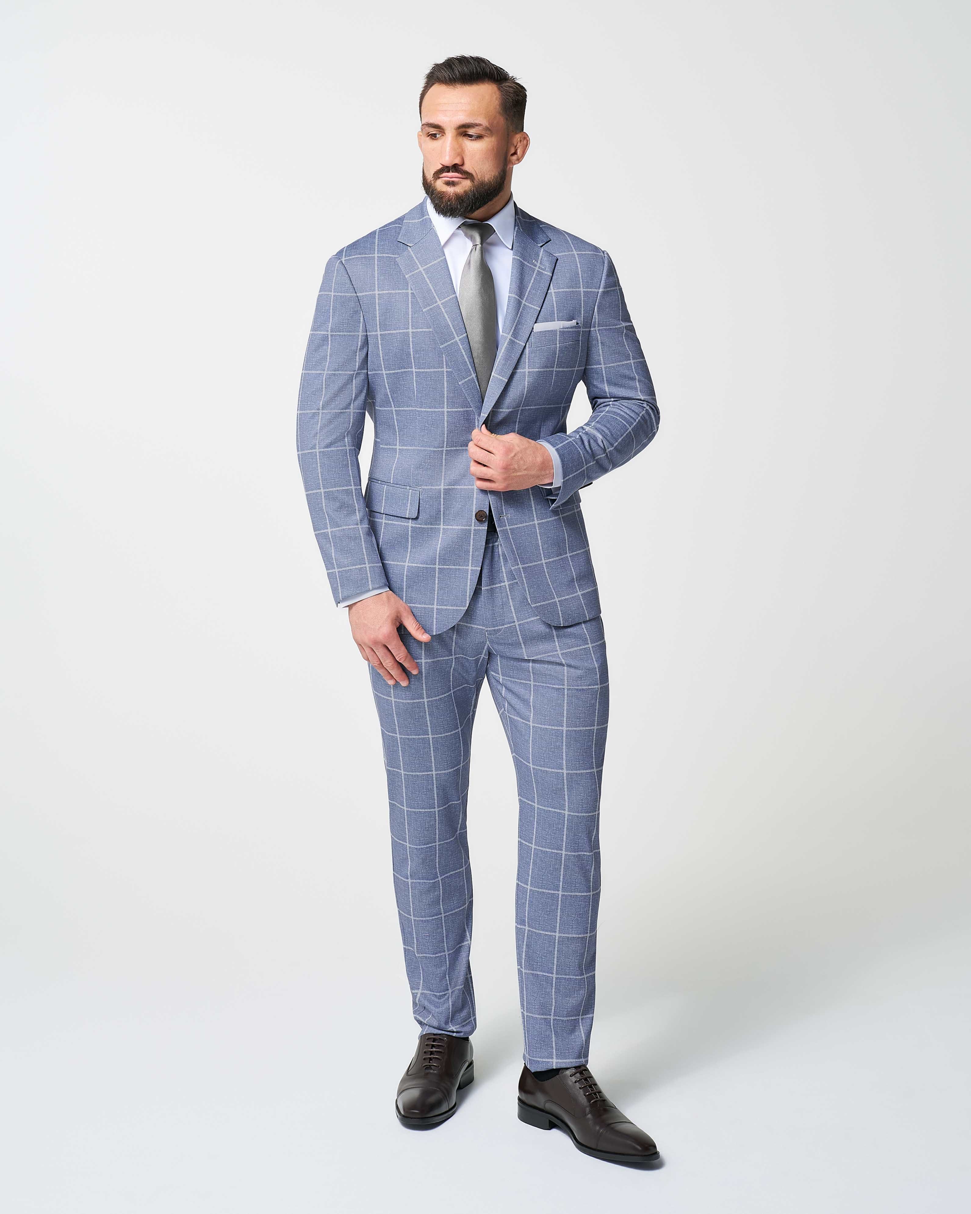 Athletic Fit Stretch Suit - Textured Light Blue with White Windowpane
