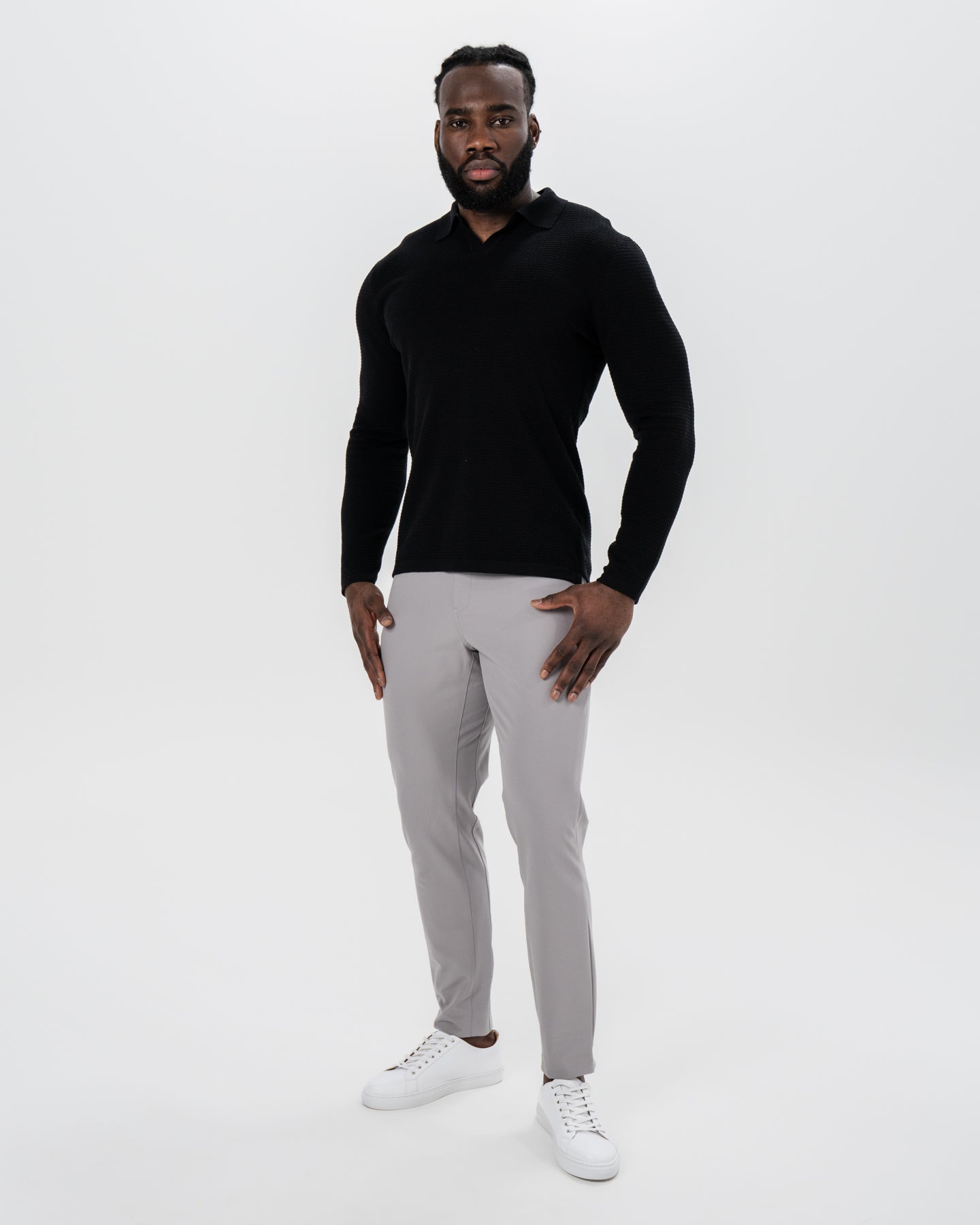 Textured Buttonless Long Sleeve Polo - Black