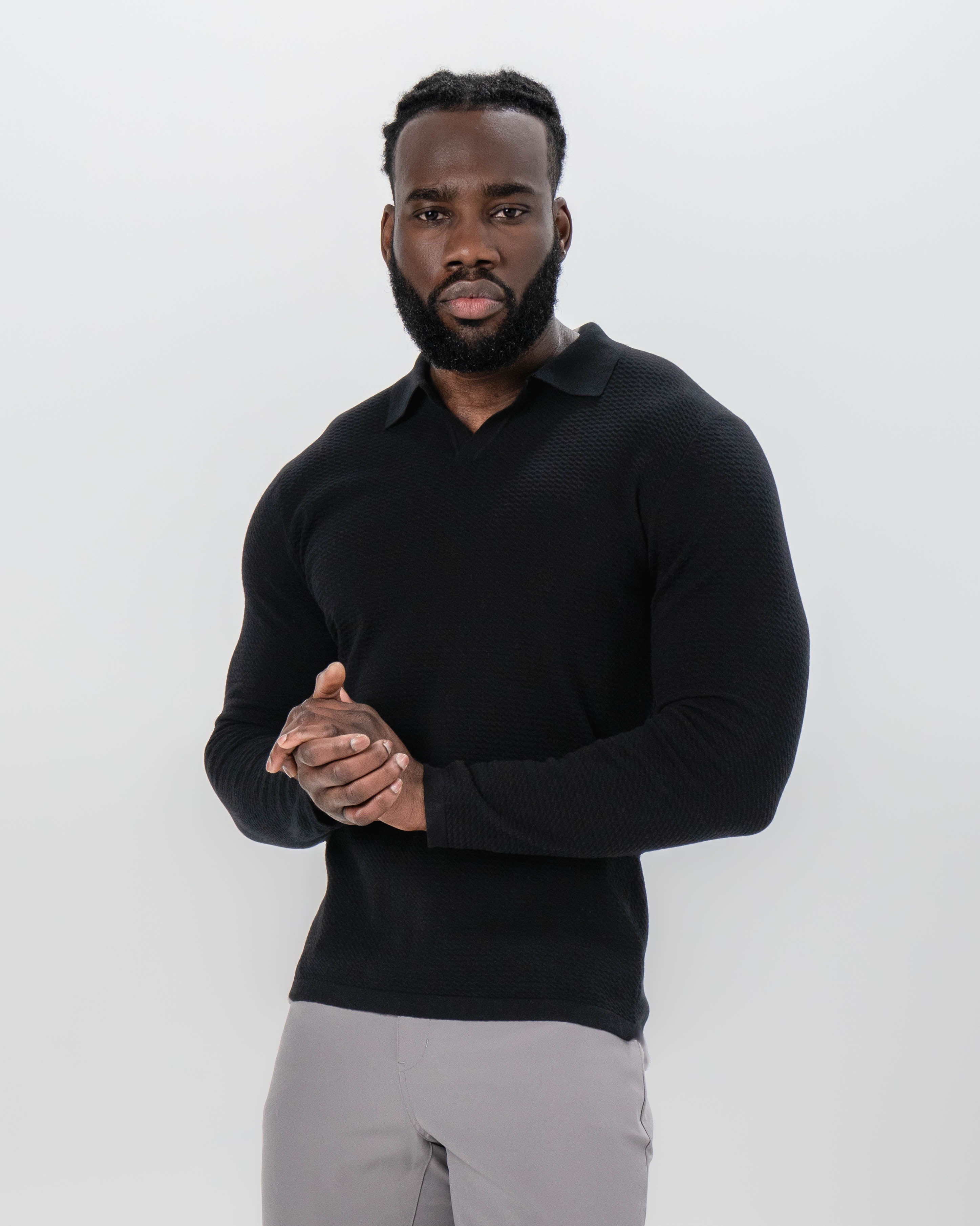 Textured Buttonless Long Sleeve Polo - Black