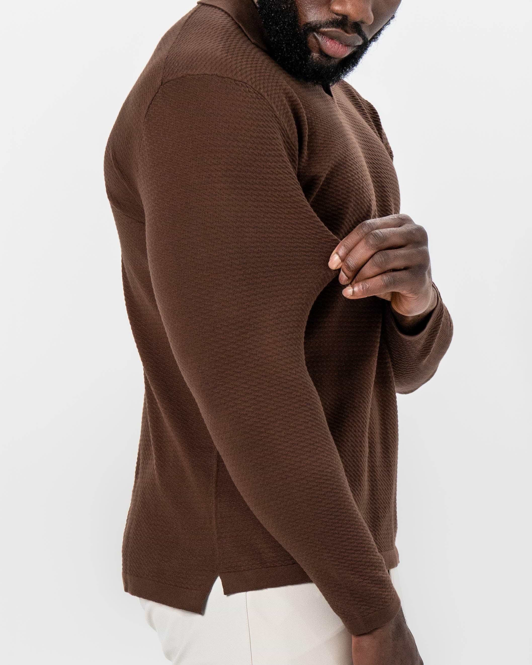 Textured Buttonless Long Sleeve Polo - Brown
