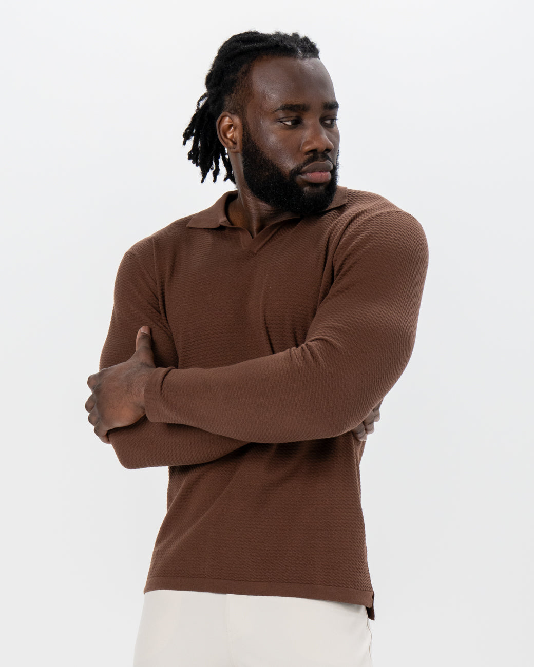 Textured Buttonless Long Sleeve Polo - Brown