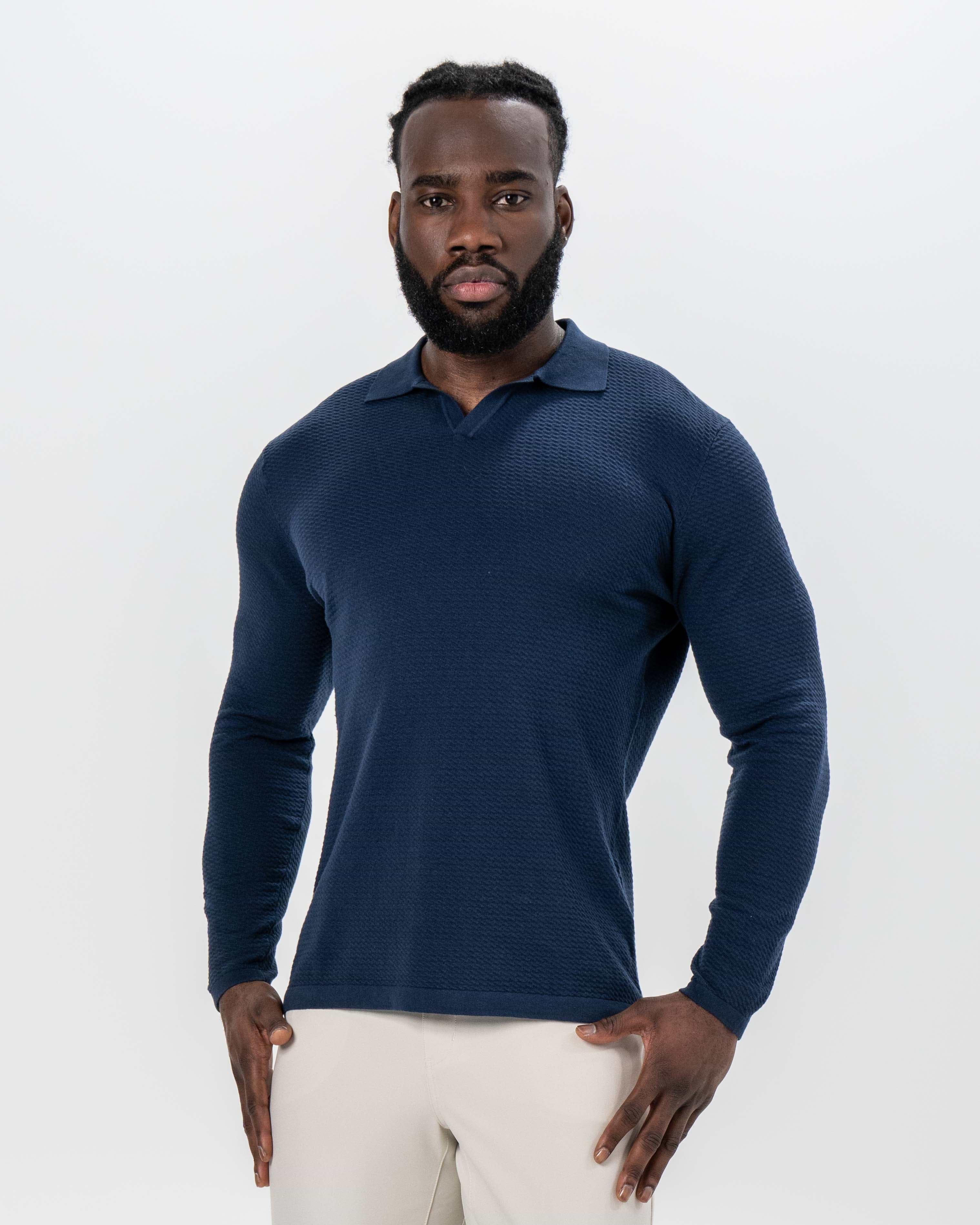 Textured Buttonless Long Sleeve Polo - Navy