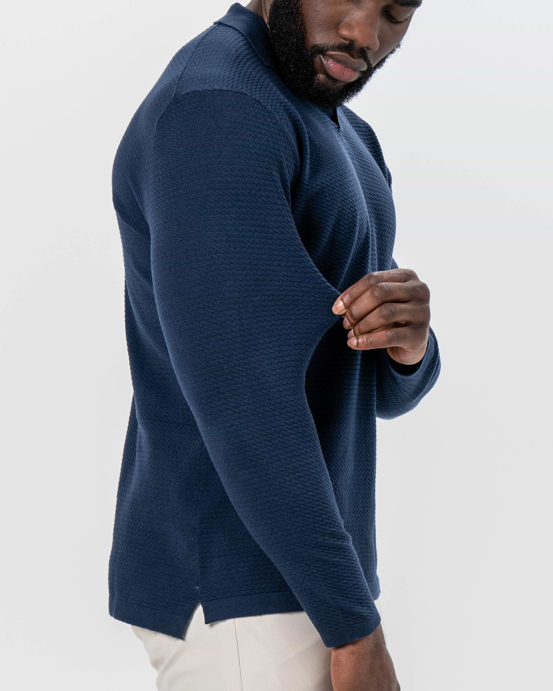 Textured Buttonless Long Sleeve Polo - Navy