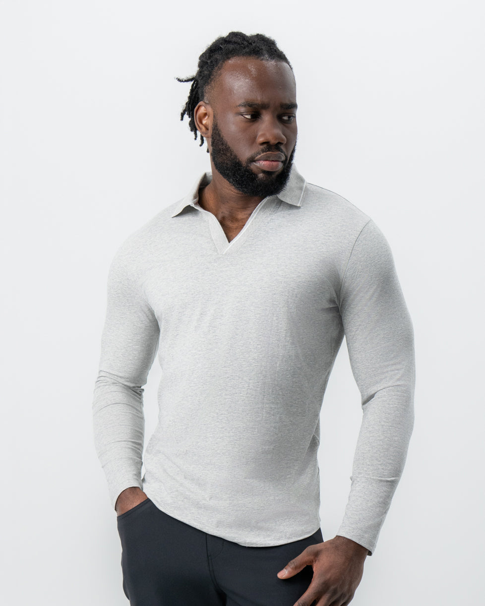 Tipped Long Sleeve Polo - Grey with White