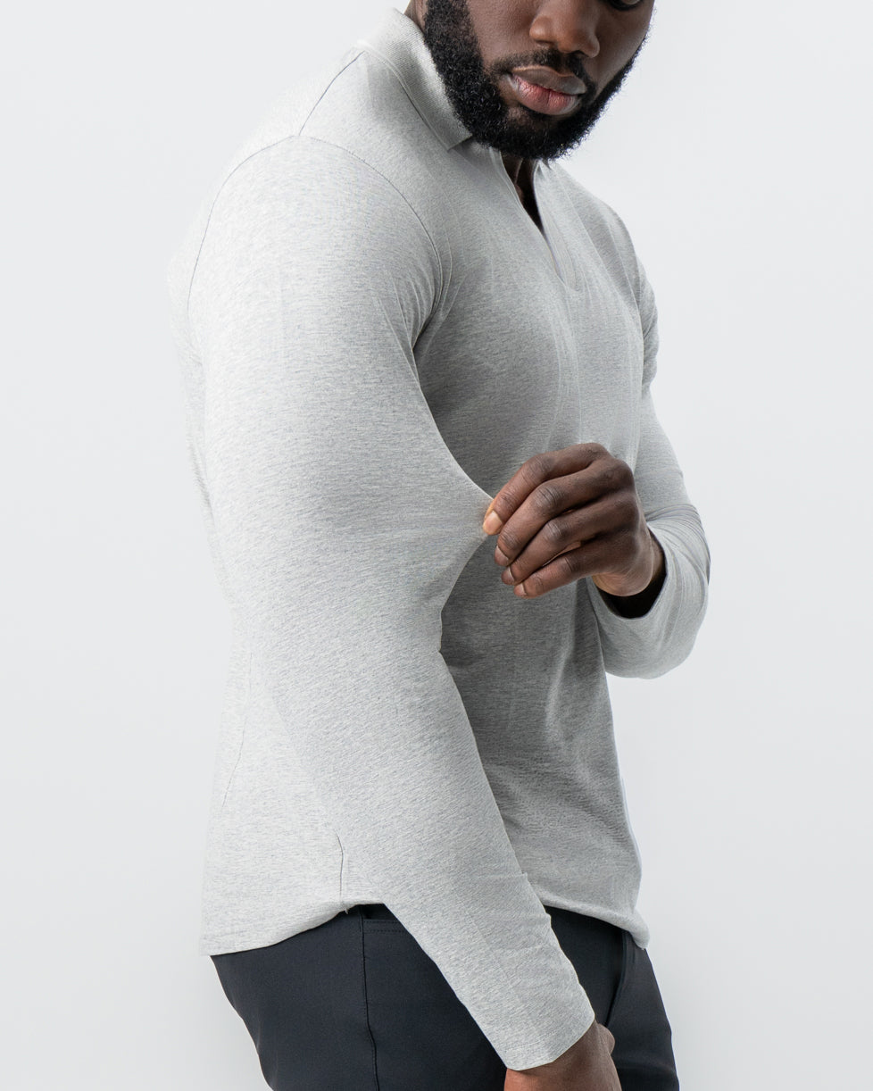 Tipped Long Sleeve Polo - Grey with White