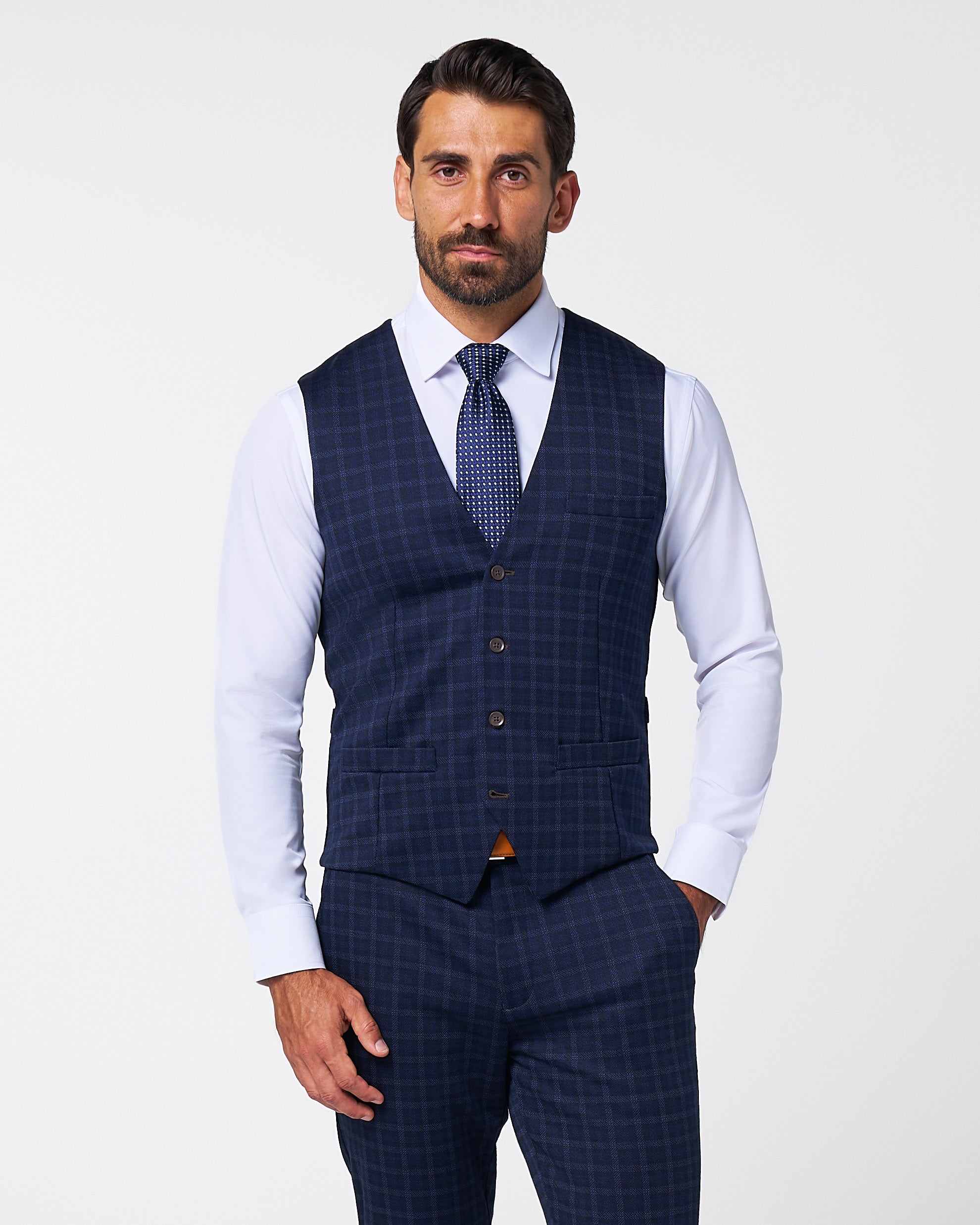 Athletic Fit Stretch Suit Vest - Blue Plaid